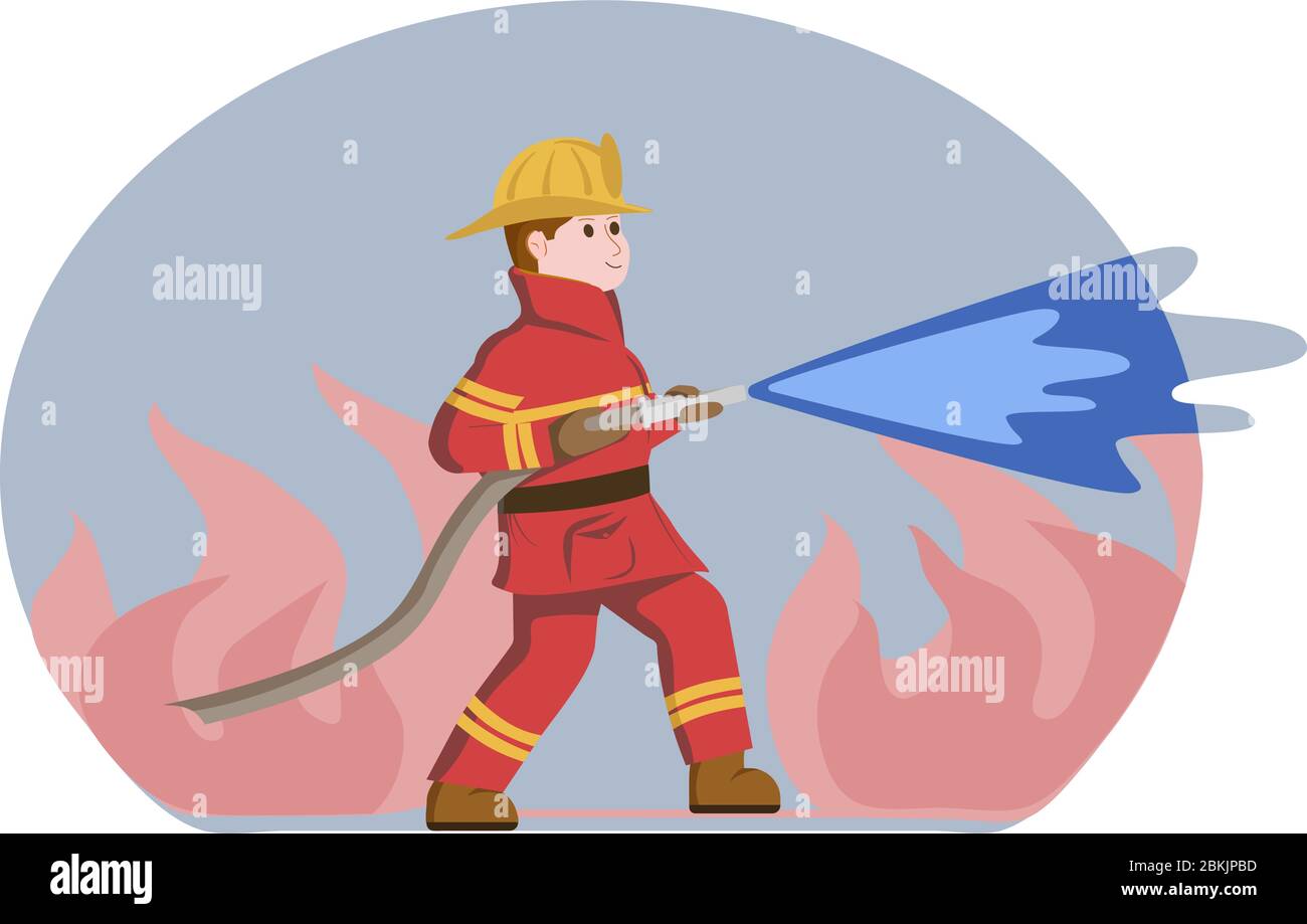 un pompiere in un vestito speciale rosso spegne un fuoco - illustrazione vettoriale Illustrazione Vettoriale