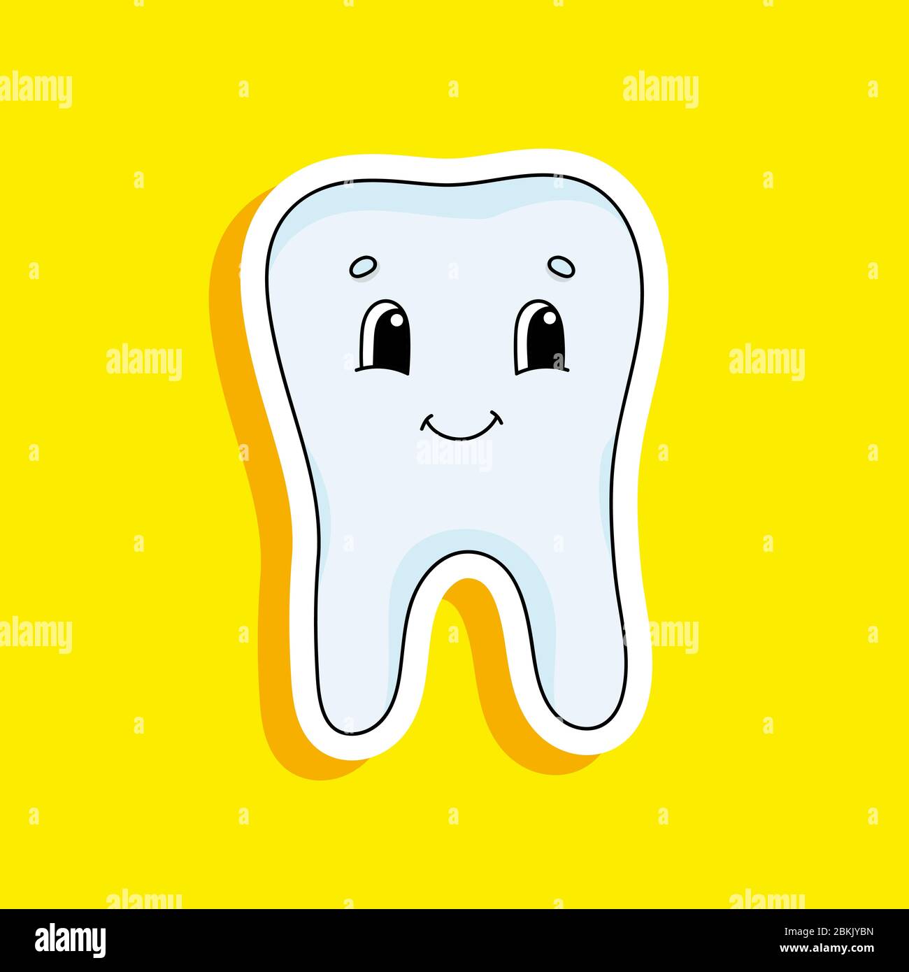 Un dente sano senza carie sorride. Adesivo di colore brillante. Personaggio cartoon. Illustrazione vettoriale. Elemento di progettazione. Con contorno bianco. Illustrazione Vettoriale