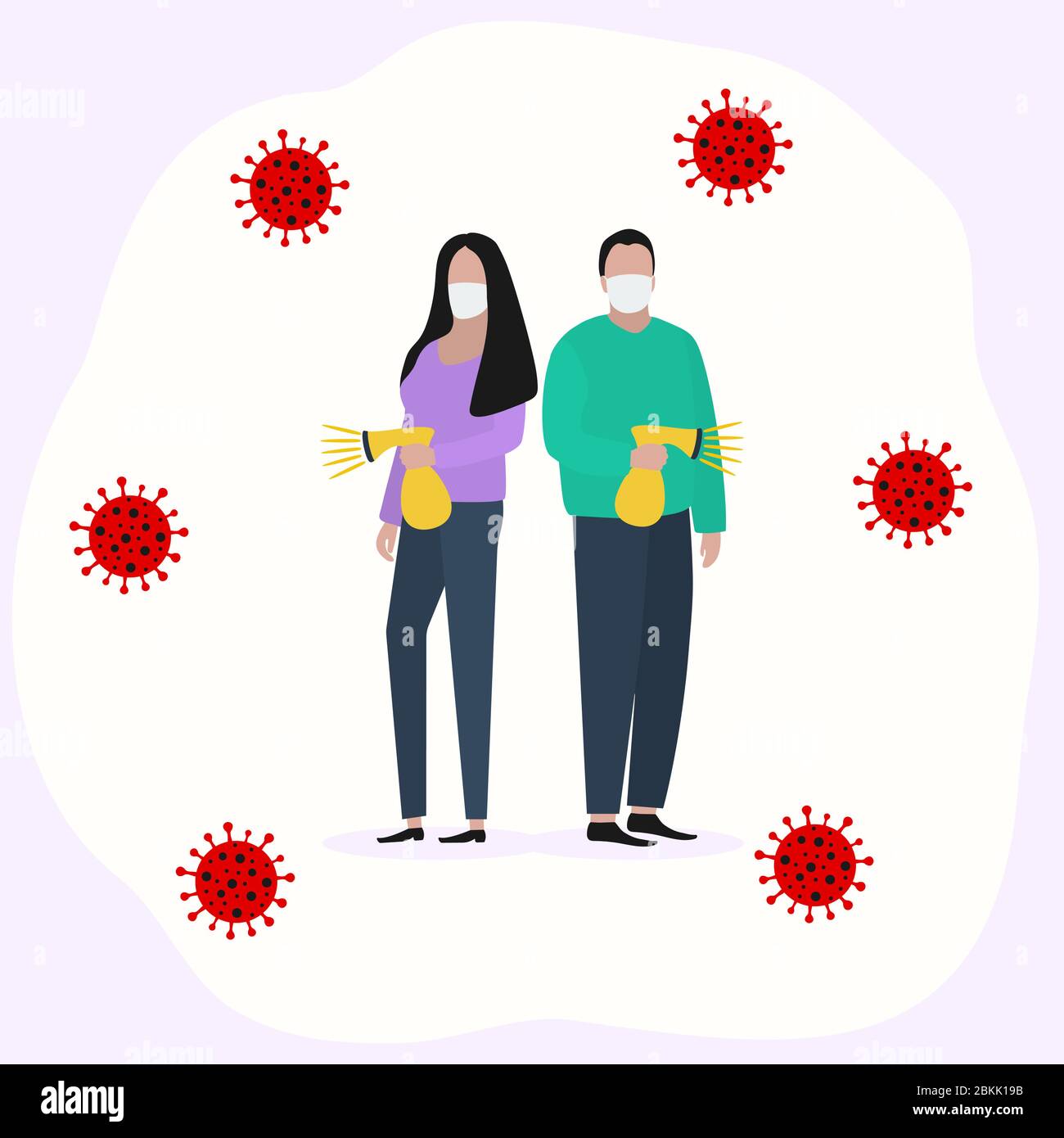 Donna e uomo in una maschera protettiva spruzza un antisettico e disinfetta il virus Moda illustrazione alla moda, design piatto. Pandemia ed epidemia di Illustrazione Vettoriale