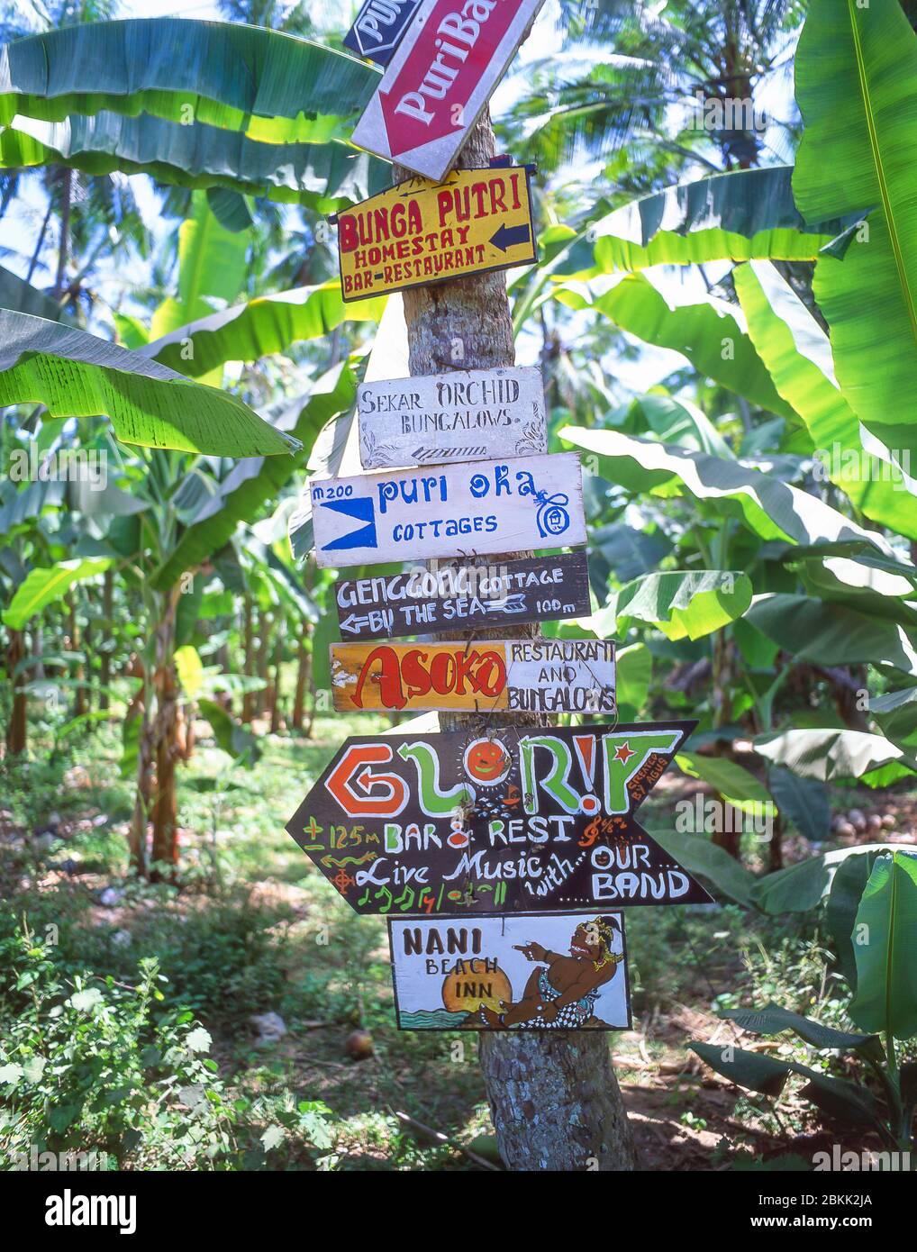 Bungalow e ristorante segni sulla palma, Sanur, Bali, Repubblica di Indonesia Foto Stock