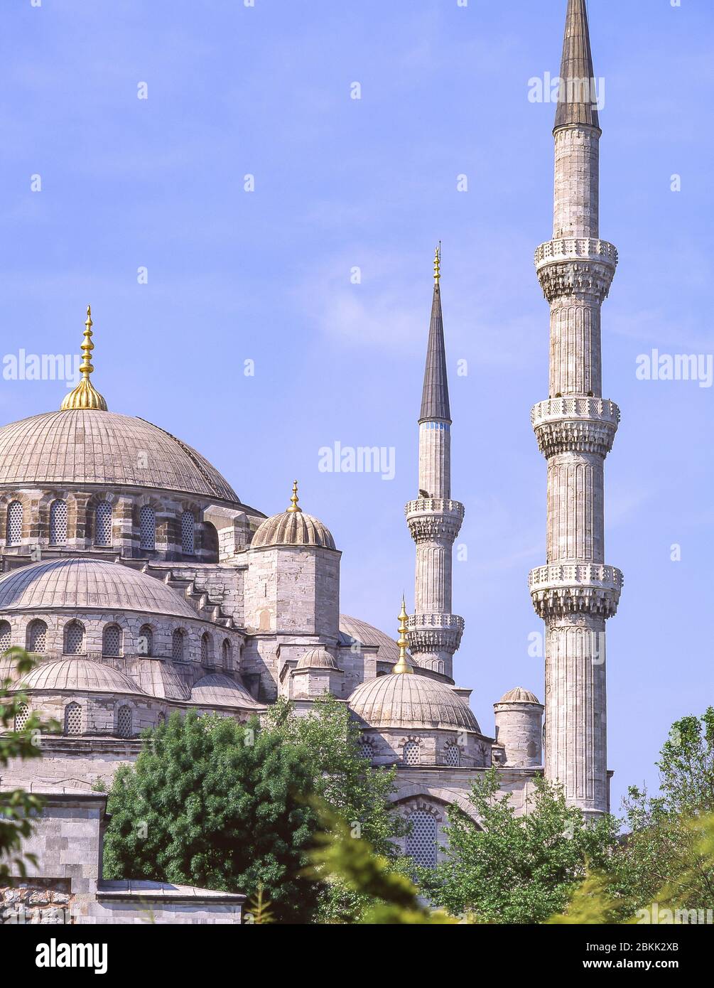 Moschea del Sultano Ahmed (Moschea Blu), dal Parco del Sultano Ahmet, Distretto Fatih, Istanbul, Repubblica di Turchia Foto Stock