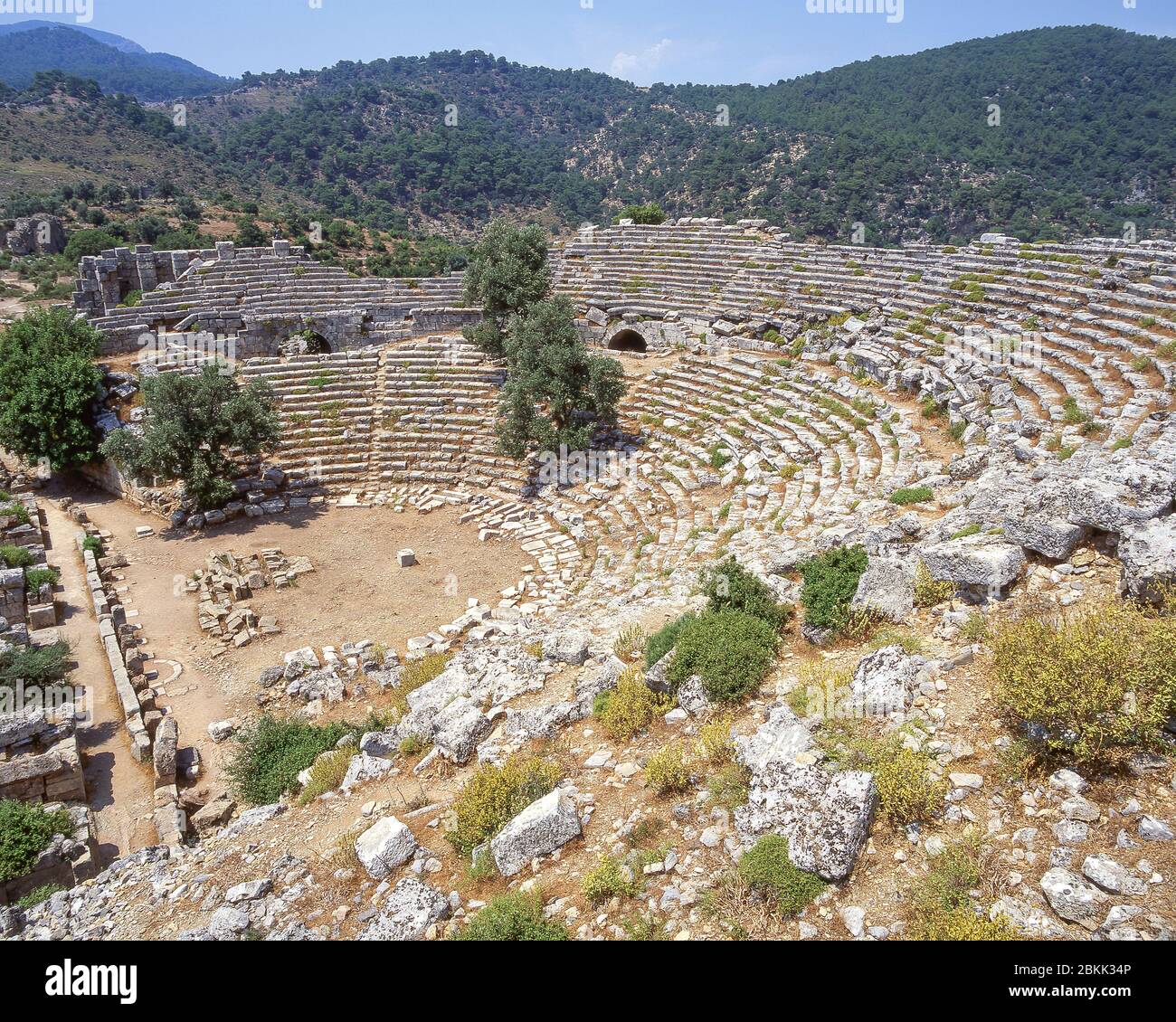Anfiteatro presso le antiche rovine di Kaunos, Dalyan, provincia di Mugla, Repubblica di Turchia Foto Stock