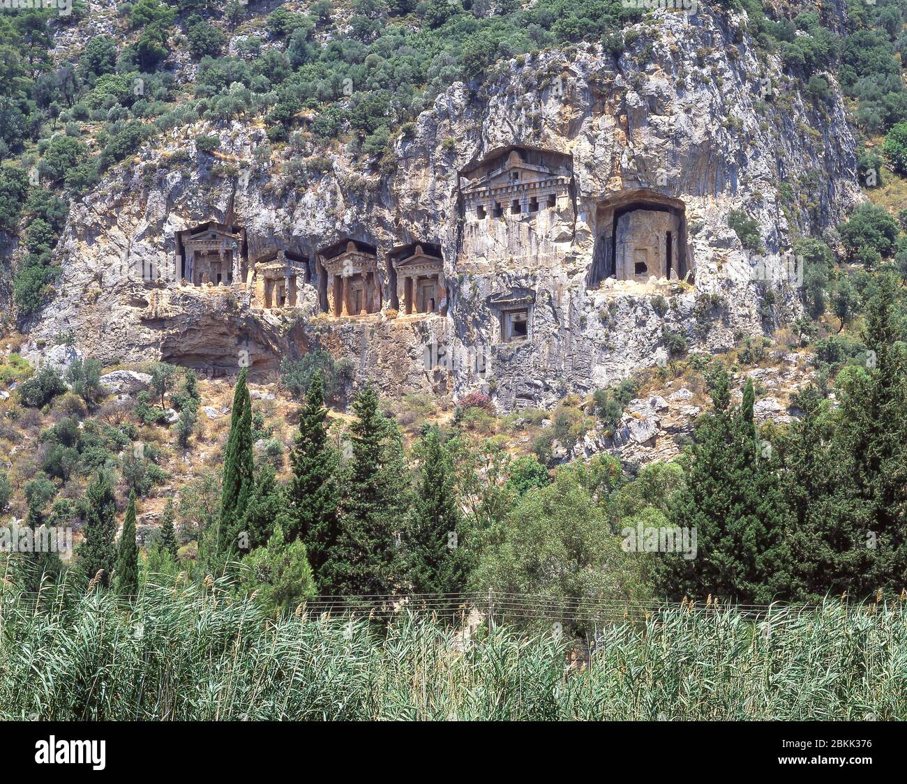 Tombe di Licia tagliate a scogliere, Fethiye, provincia di Mugla, Repubblica di Turchia Foto Stock