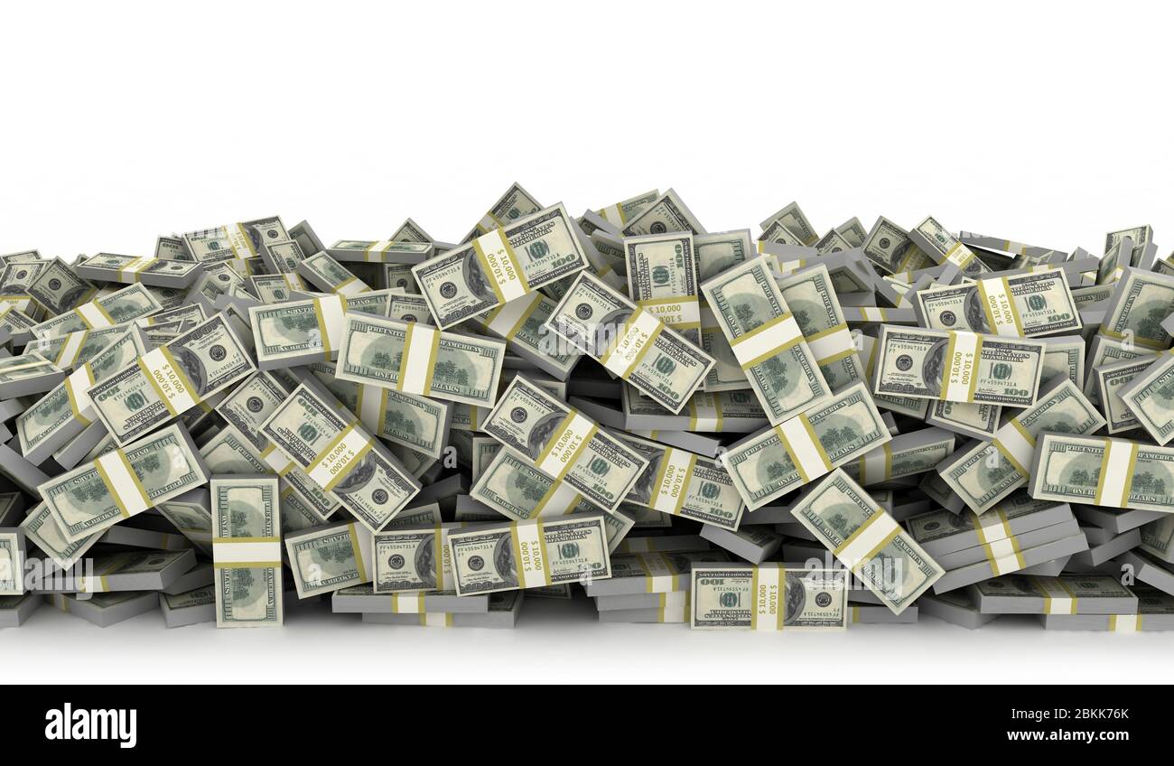Alto mucchio di noi valuta - dollari americani isolati, impilati su sfondo bianco. Foto Stock
