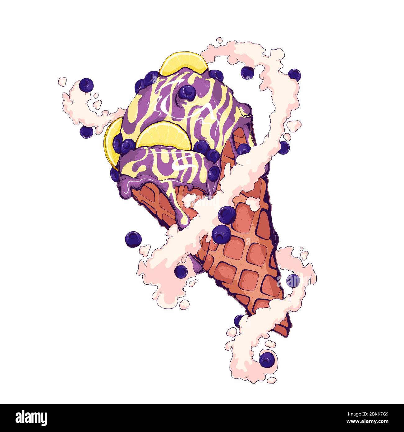 Gelato Sundae cialda cono con limone e bluevera e latte crema con bacche. Illustrazione vettoriale disegnata a mano isolata su sfondo bianco. Illustrazione Vettoriale