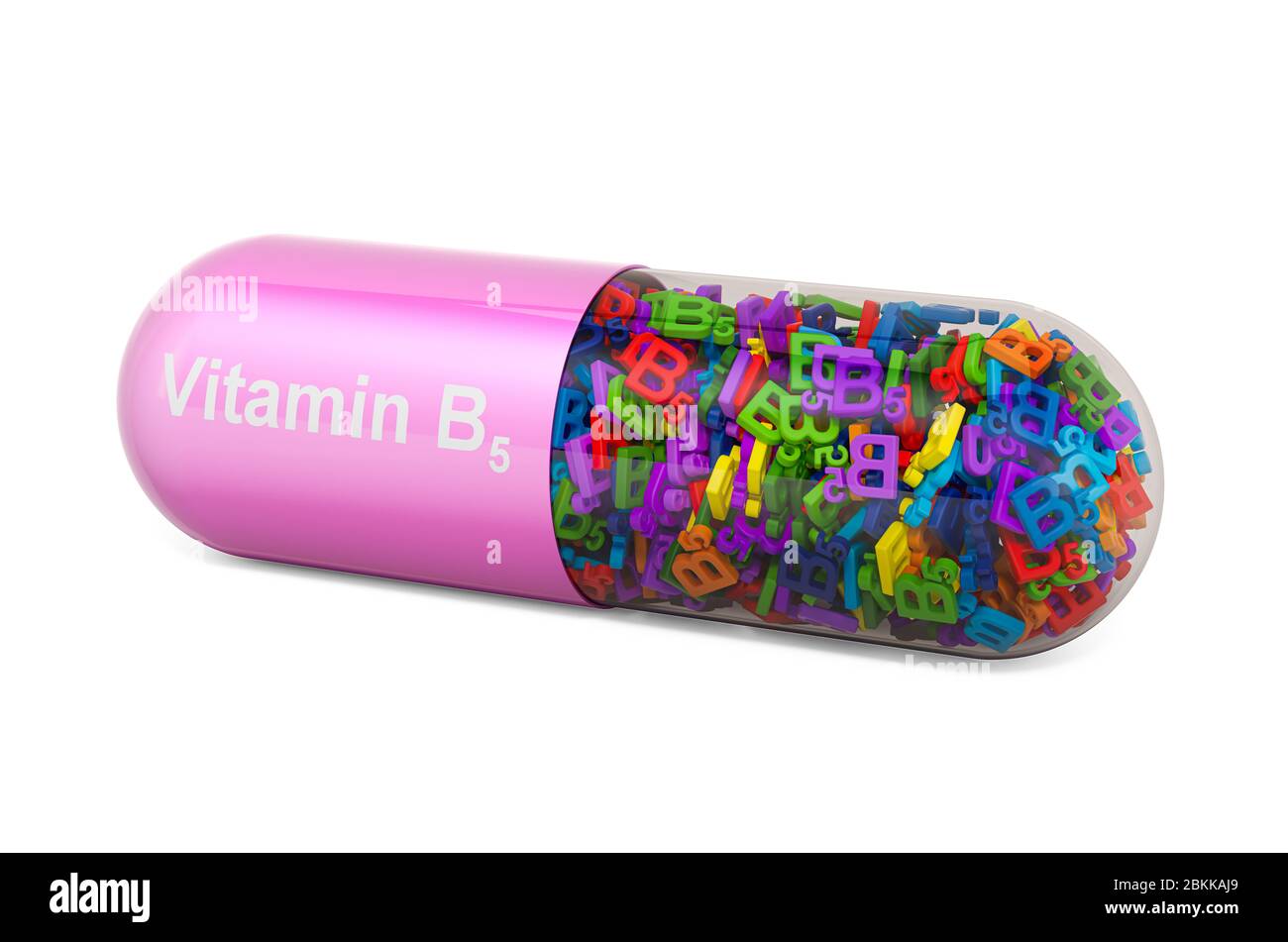 Capsula vitaminica B5, acido pantotenico. Rendering 3D isolato su sfondo bianco Foto Stock