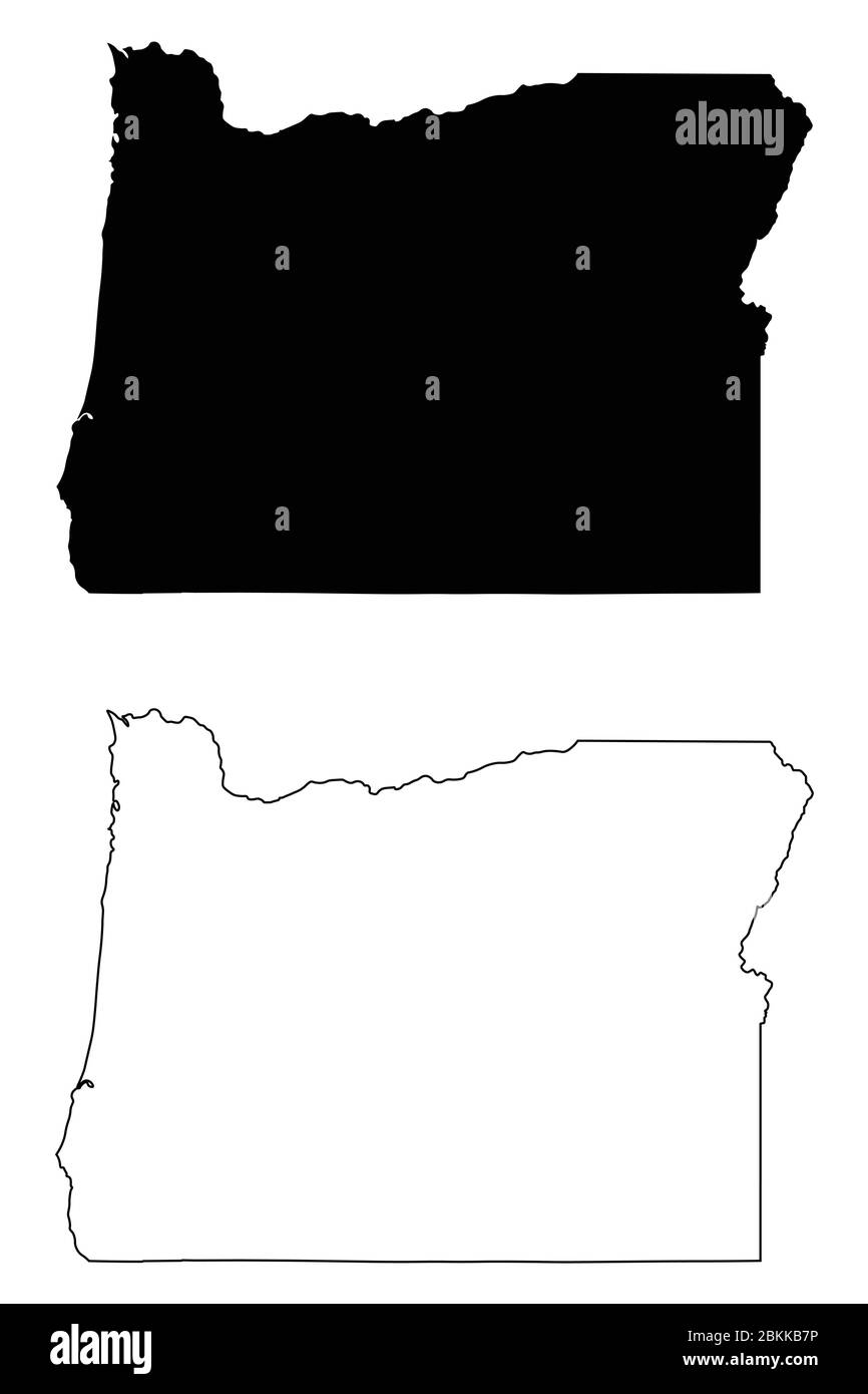 Oregon O mappe di stato. Silhouette e profilo neri isolati su sfondo bianco. Vettore EPS Illustrazione Vettoriale
