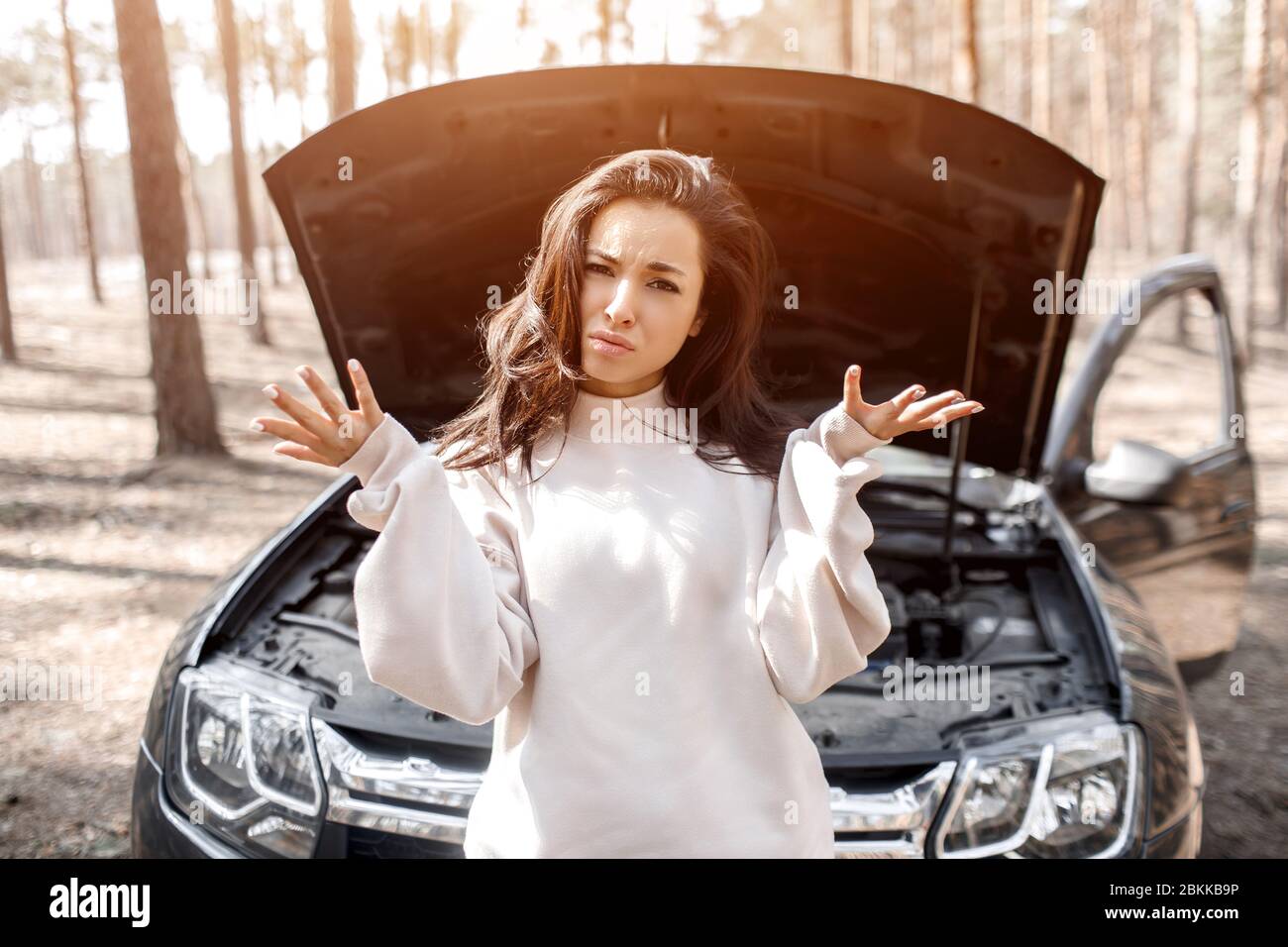 La macchina si è rotta. Incidente su strada. La donna ha aperto il cofano e controlla il motore e le altre parti della vettura. Sta guardando la macchina fotografica e. Foto Stock