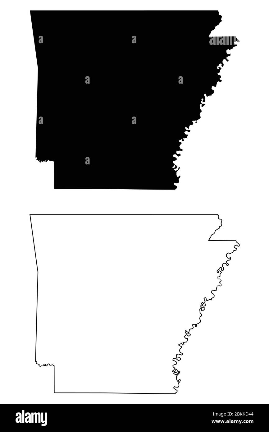 Arkansas, mappe di stato AR. Silhouette e profilo neri isolati su sfondo bianco. Vettore EPS Illustrazione Vettoriale
