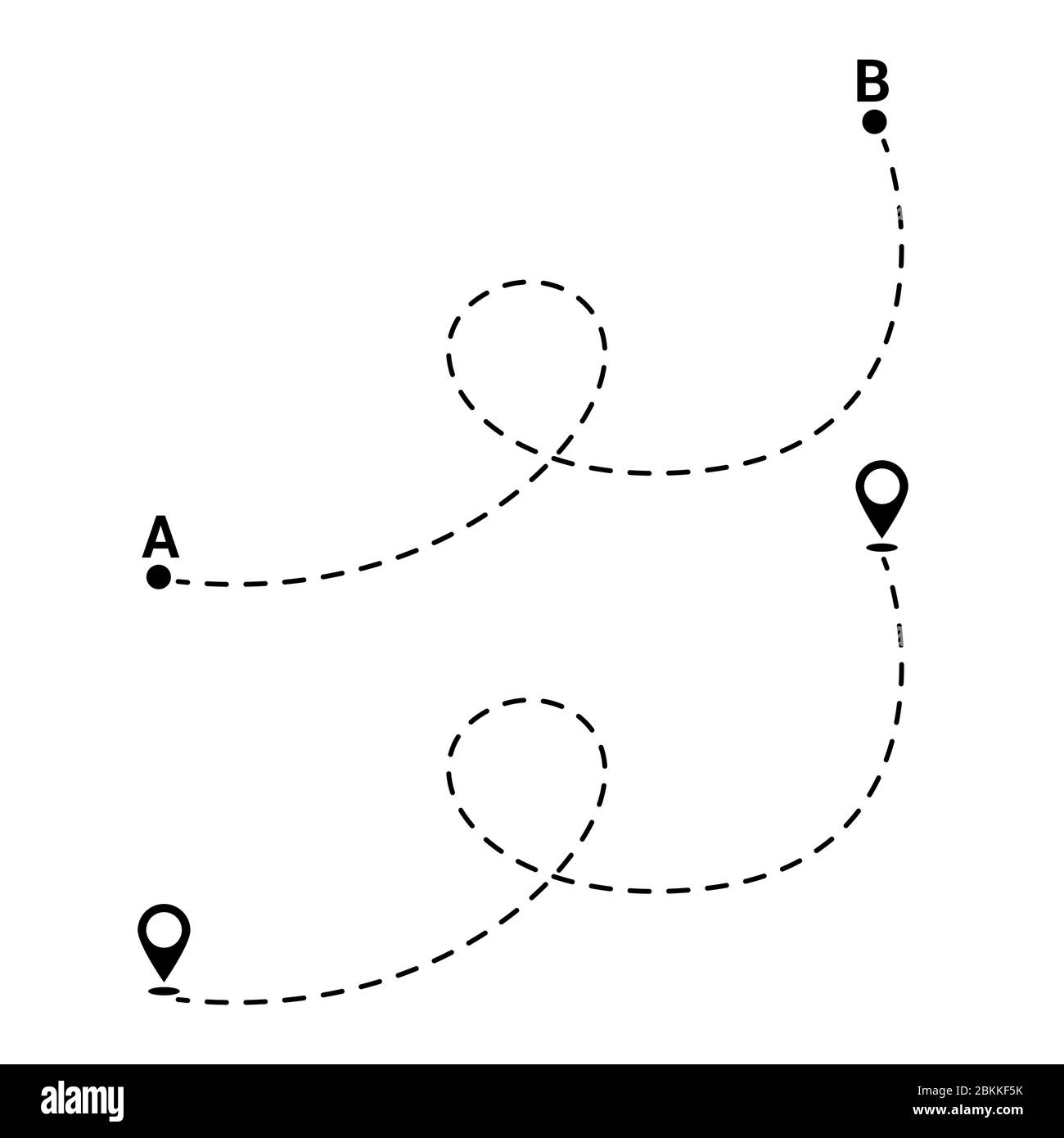 Posizione percorso A verso B, inizio o fine. Semplice traccia di linea con il colore del nero e percorsi a piedi isolati su sfondo bianco. Simbolo del percorso. Icona a linea sottile di Sym Illustrazione Vettoriale