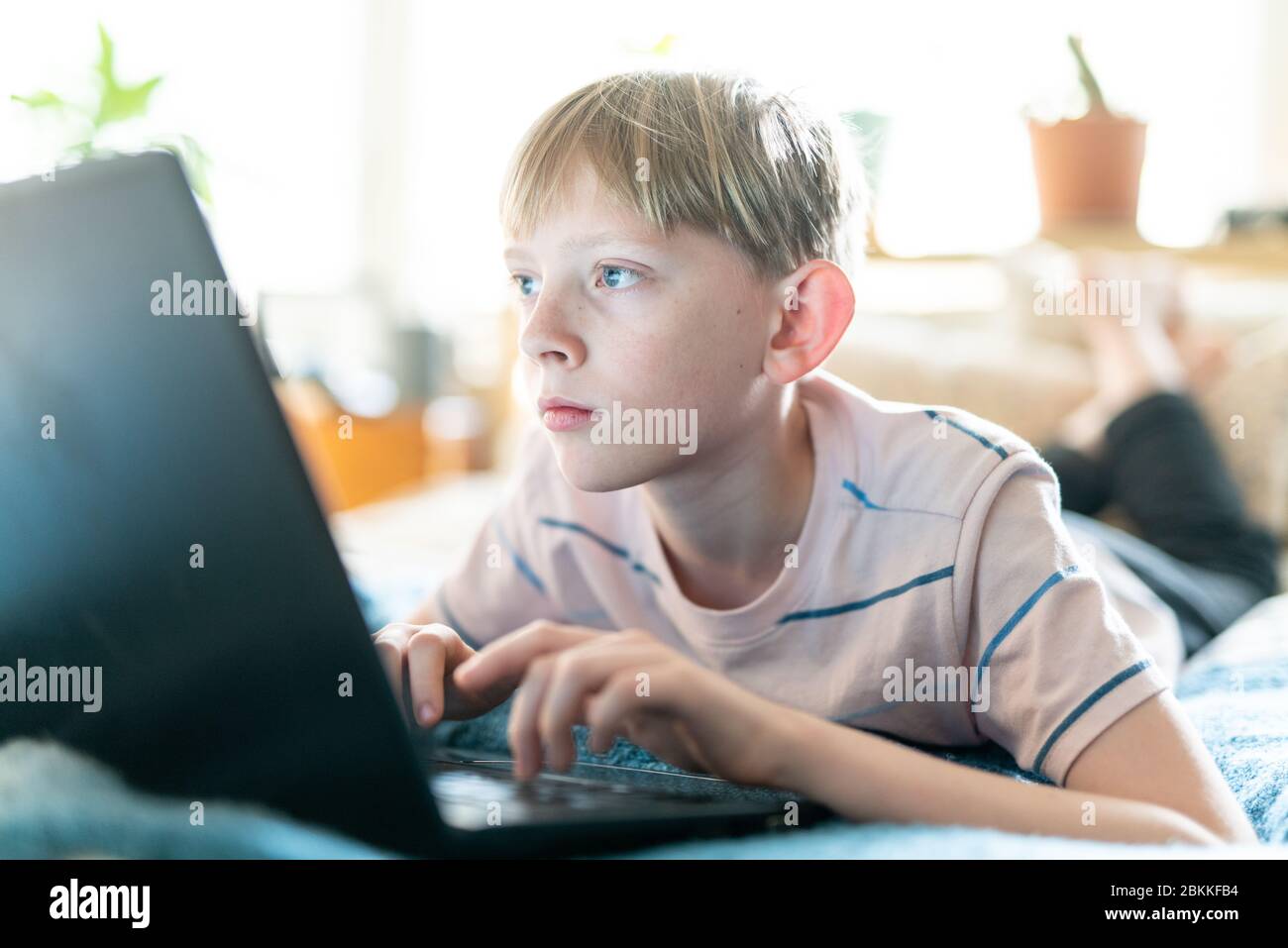 Primo piano ritratto di teen che lavora su un computer portatile all'interno di giorno di sole luminoso Foto Stock