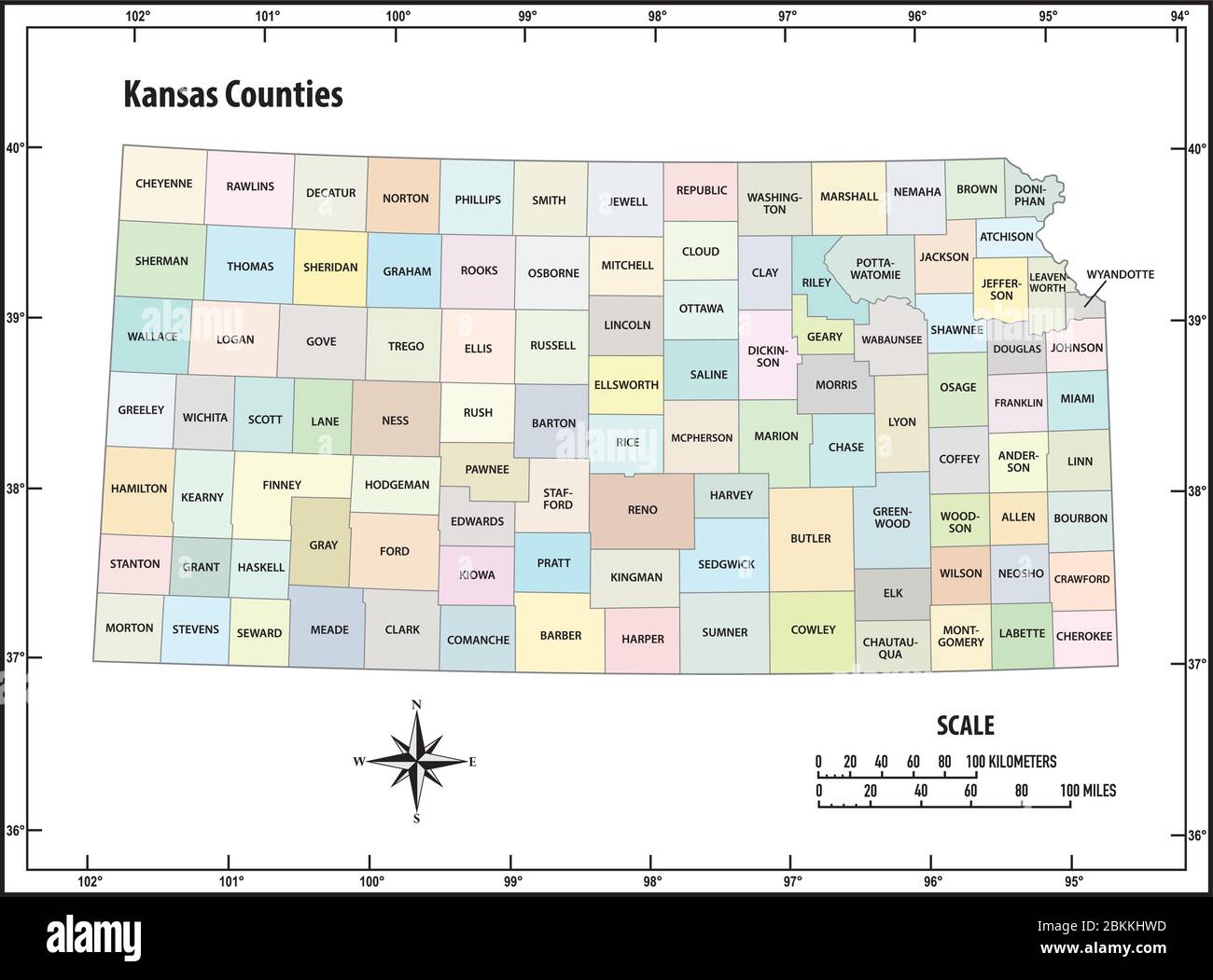Kansas state delineare a colori la mappa vettoriale amministrativa e politica Illustrazione Vettoriale