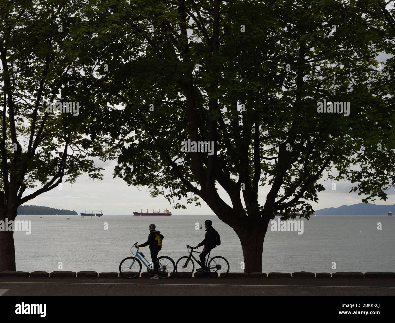 Un paio di ciclisti sulle biciclette sono silhoueted come si prendono vista di English Bay e freighter ancorati come si advanatge di piste ciclabili Foto Stock