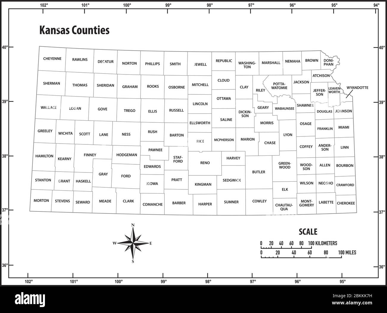 Kansas state delineare la mappa vettoriale amministrativa e politica in bianco e nero Illustrazione Vettoriale