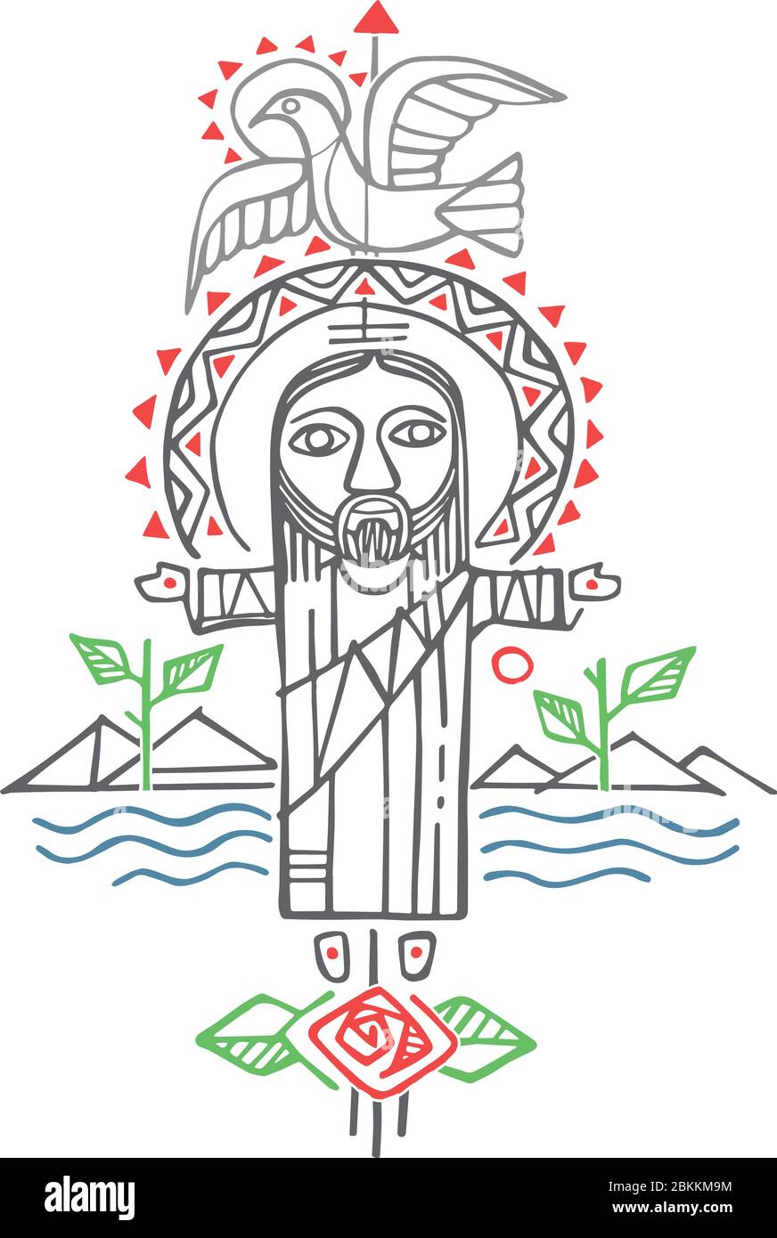 Illustrazione vettoriale disegnata a mano o disegno di Gesù Cristo a braccia aperte e simboli Illustrazione Vettoriale