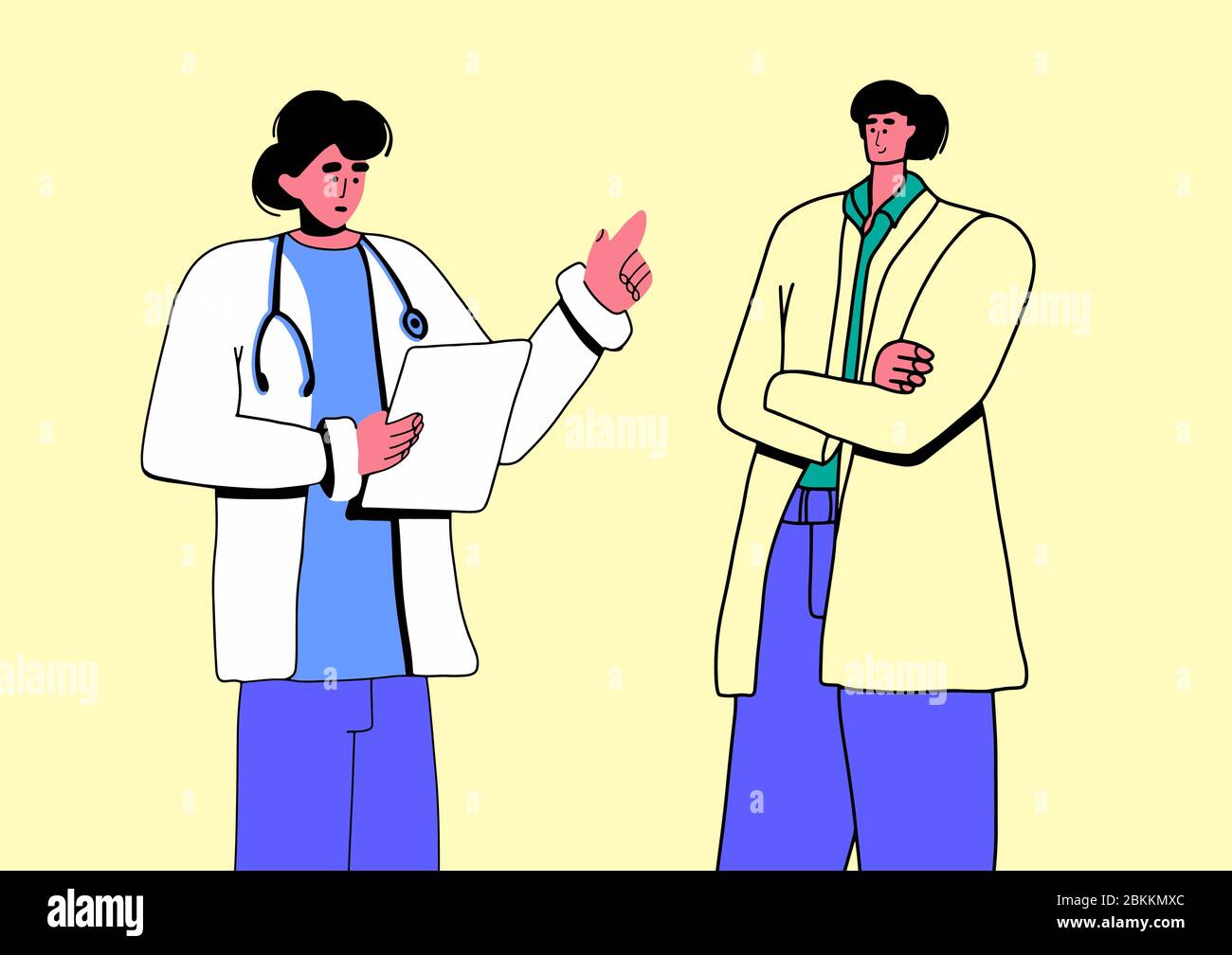 Il medico sta parlando con il paziente. Stabilire la diagnosi. Concerto medico in stile cartoon piatto. Persone che comunicano. Due giovani uomini isolati. Illustrazione Vettoriale