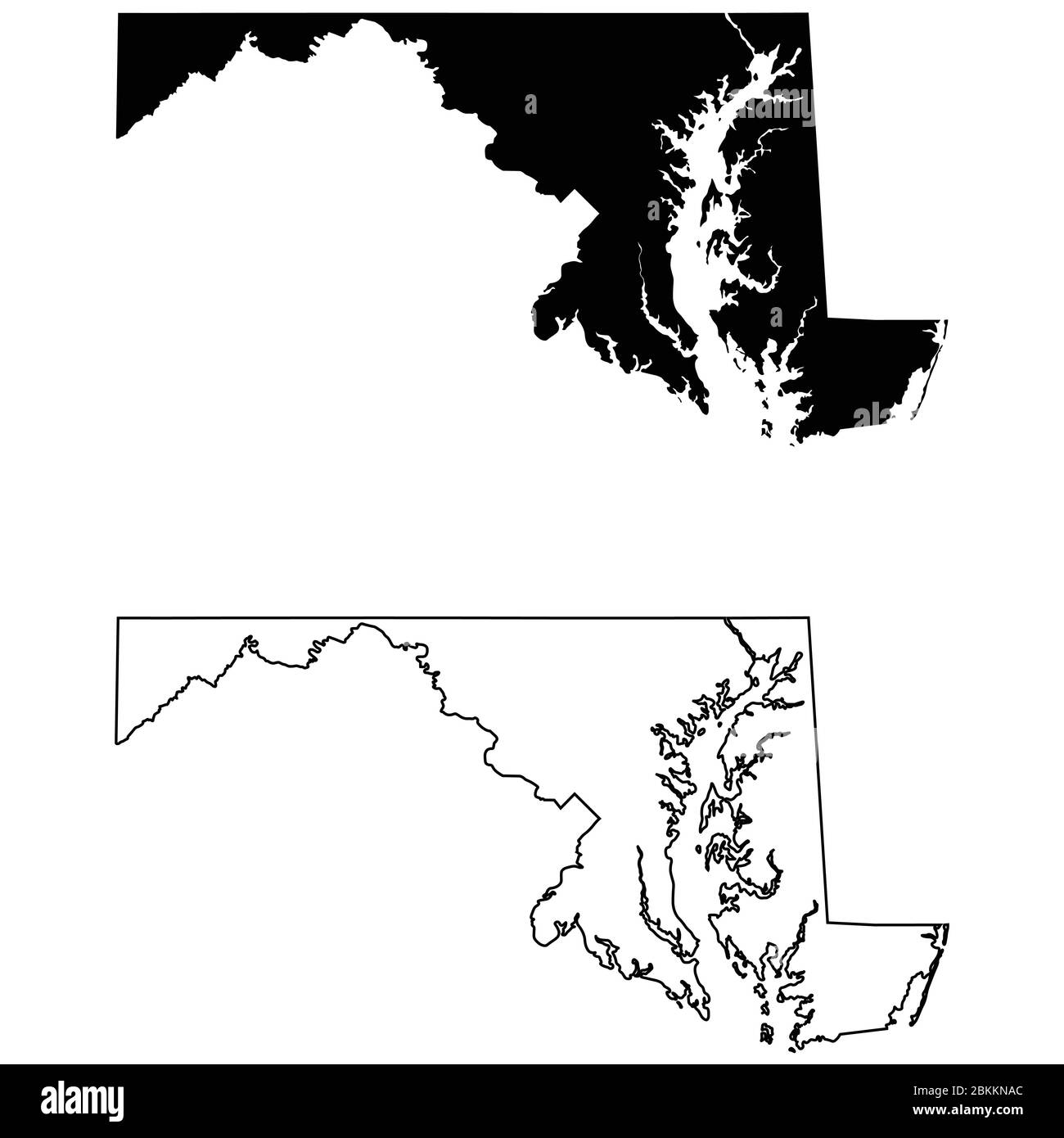 Maryland Md state Maps. Silhouette e profilo neri isolati su sfondo bianco. Vettore EPS Illustrazione Vettoriale