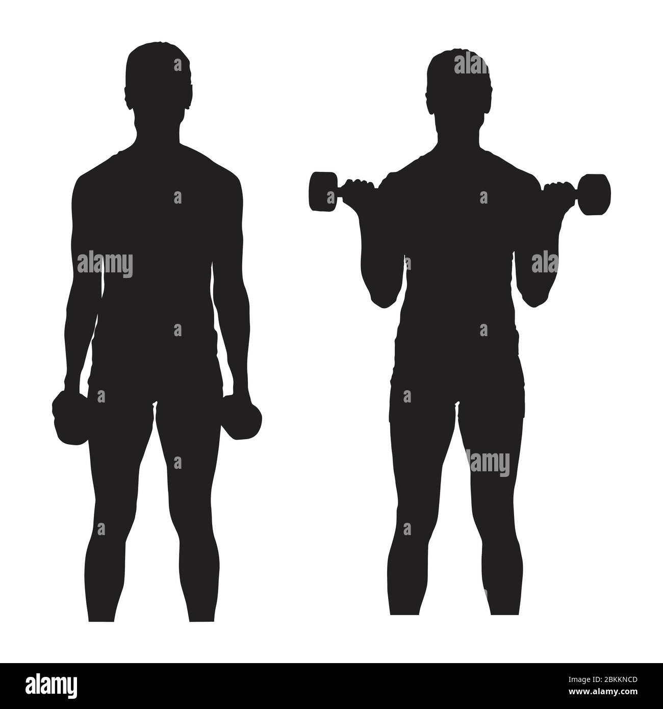Silhouette nera raffigurante in piedi bicep arricciature braccio esercizio isolato su uno sfondo bianco. Vettore EPS Illustrazione Vettoriale