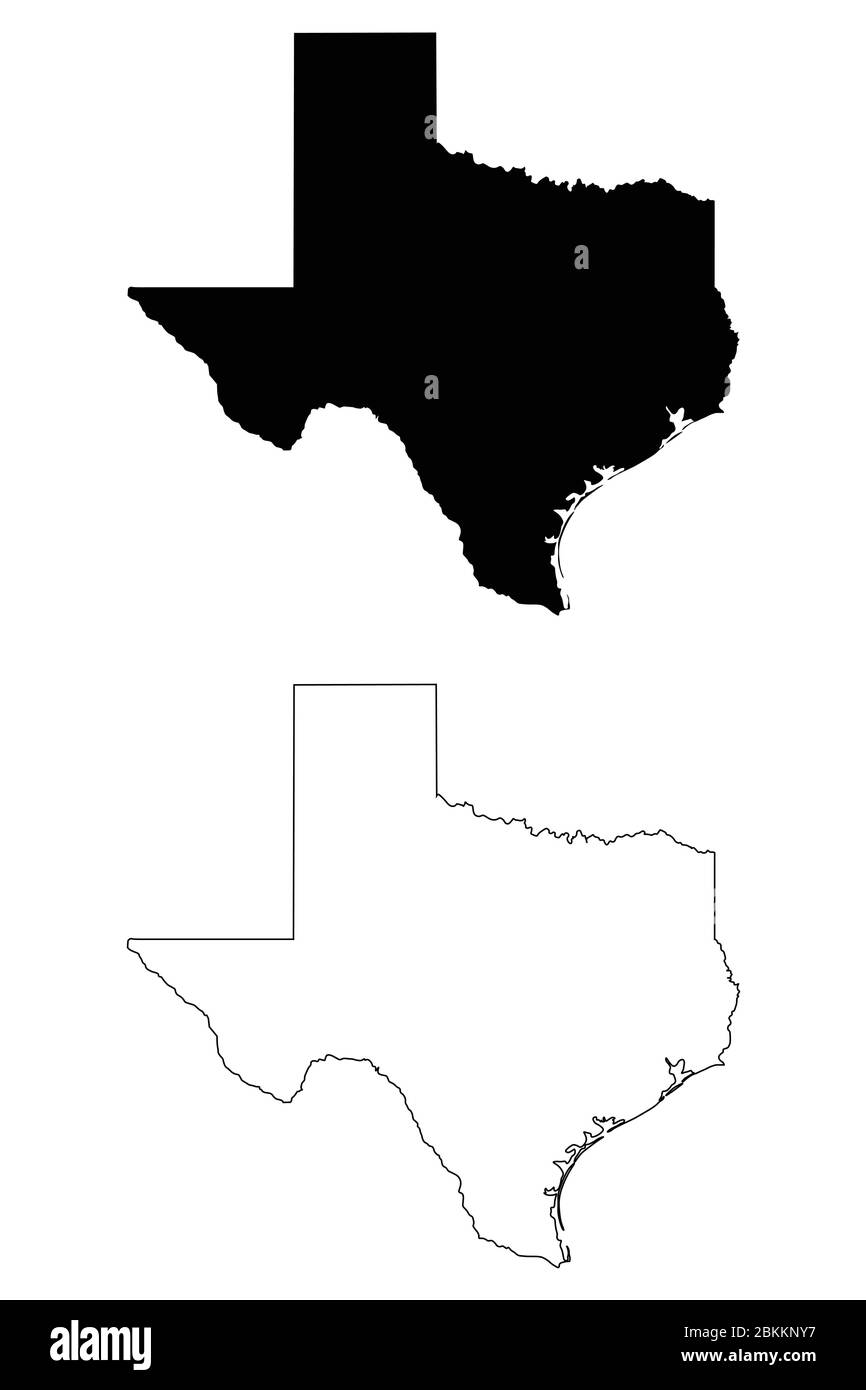 Mappe di stato Texas TX. Silhouette e profilo neri isolati su sfondo bianco. Vettore EPS Illustrazione Vettoriale