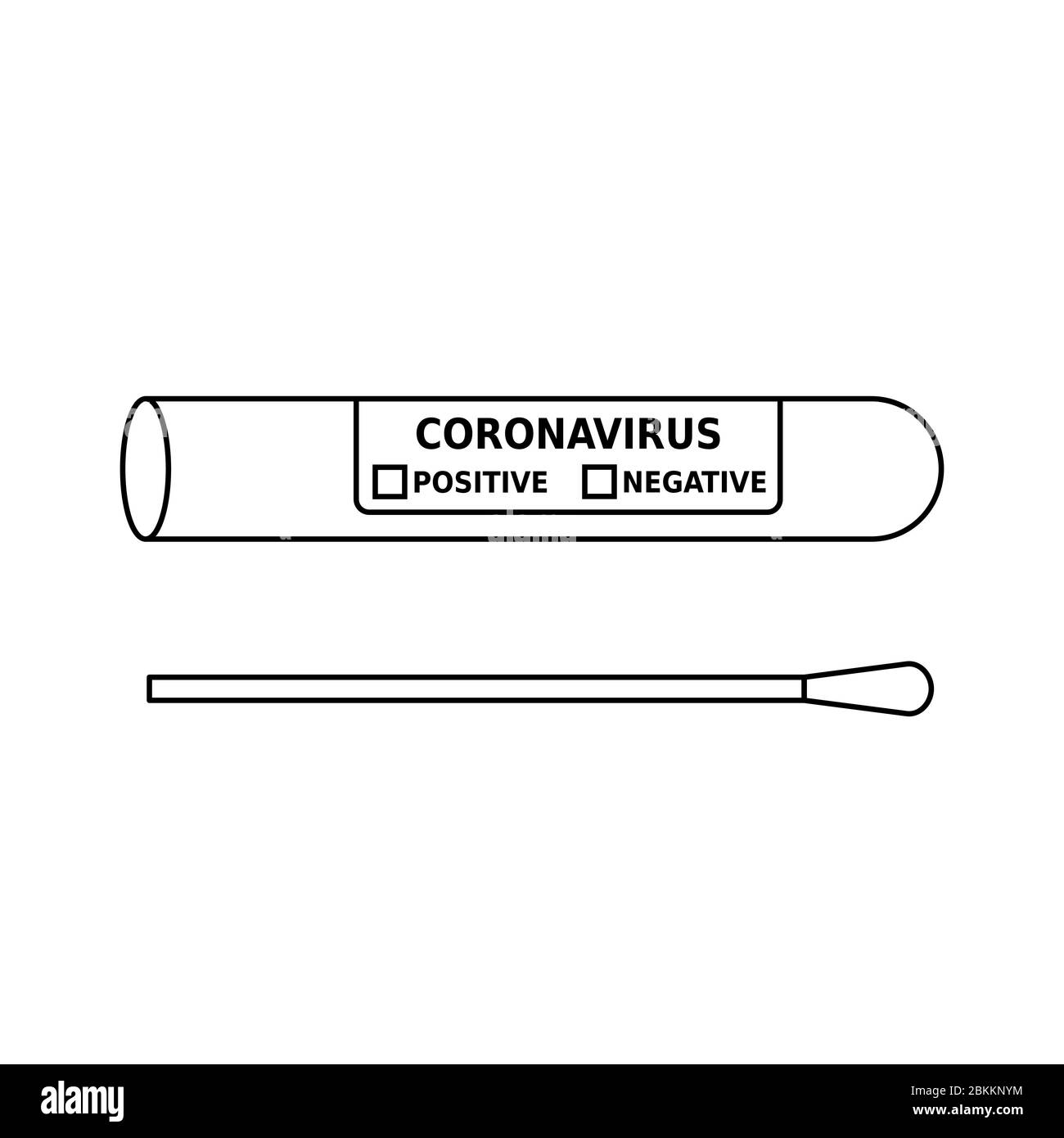 Icona della linea del tampone per coronavirus nella provetta. Campione di prova in bianco per la diagnostica Covid 19. Bastoncino di cotone per tampone nasale o saliva. Contorno nero su bianco Illustrazione Vettoriale