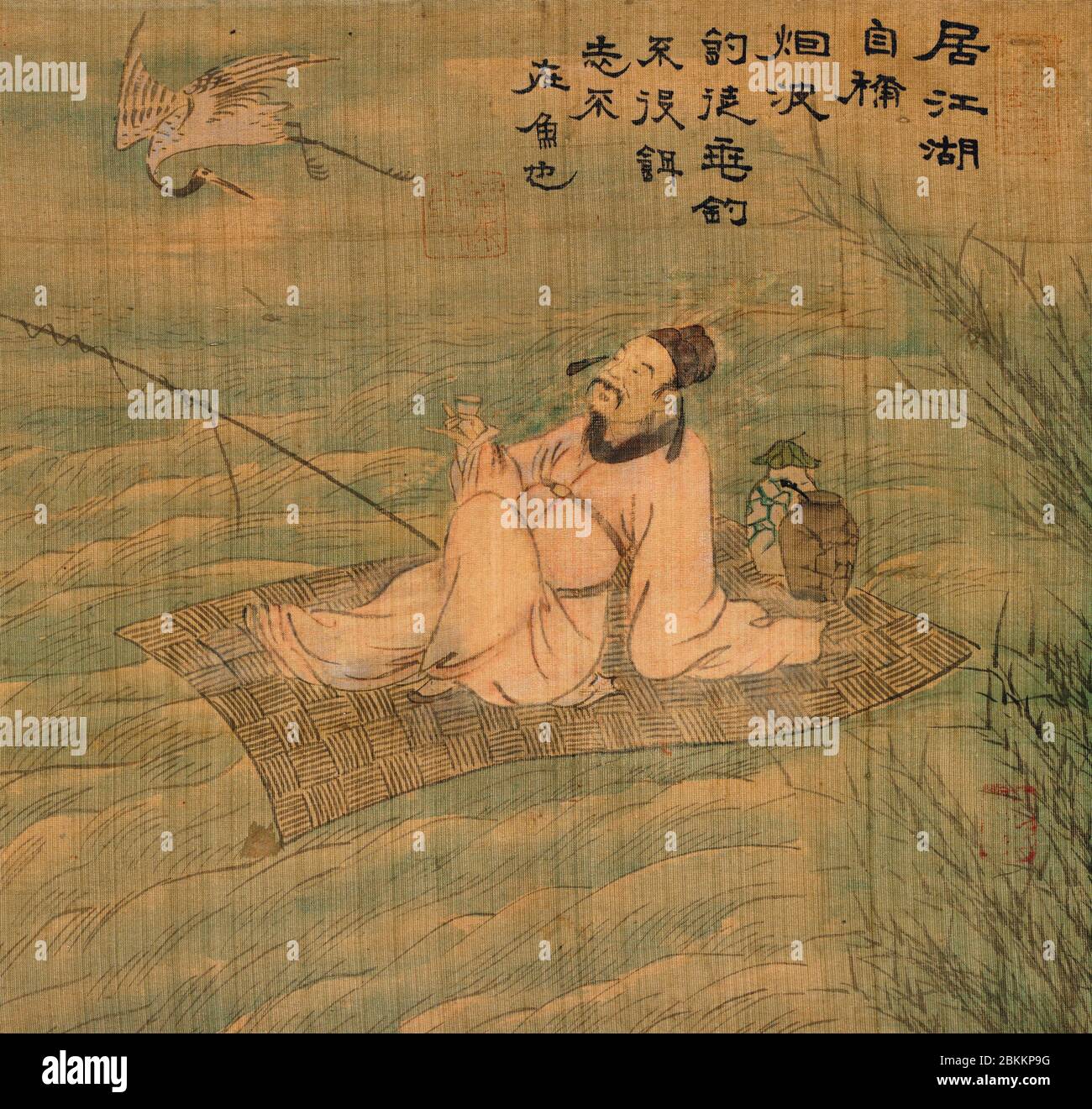Poet Fisherman - 1800s Korean Art - descrive il funzionario cinese del VIII secolo e lo studioso Daoista Zhang Zhihe seduto su una zattera buffeted by waves. Beve vino da una piccola tazza e si gazzerà su ad una gru che vola sopra di lui. Foto Stock
