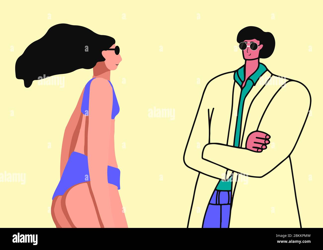 L'uomo e la donna parlano. Facile amore flirt. Giovane uomo d'affari in un vestito e occhiali. Stile cartoon piatto. Illustrazione vettoriale. Illustrazione Vettoriale