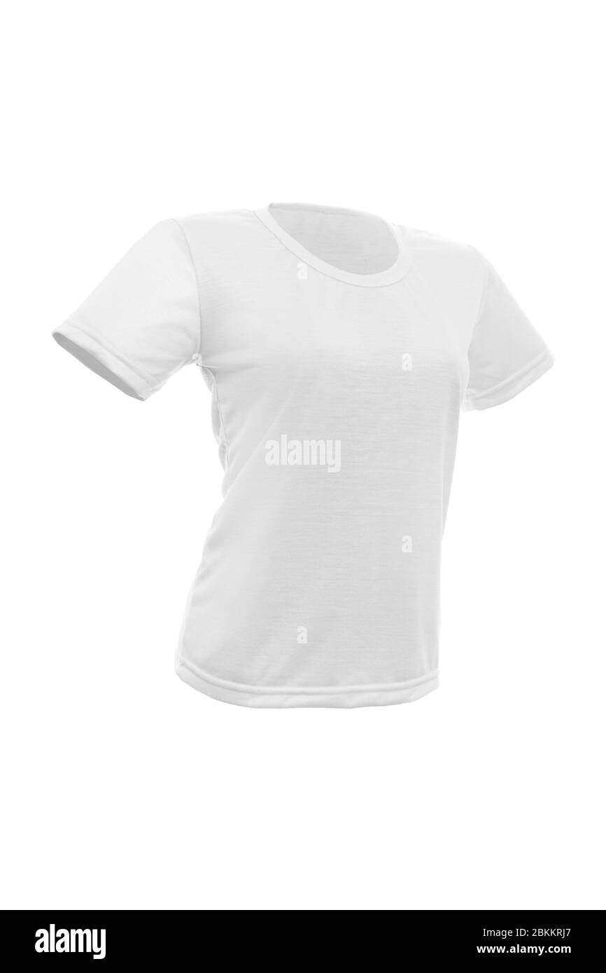 Mockup di un modello di una donna di t-shirt a colori su sfondo bianco Foto Stock