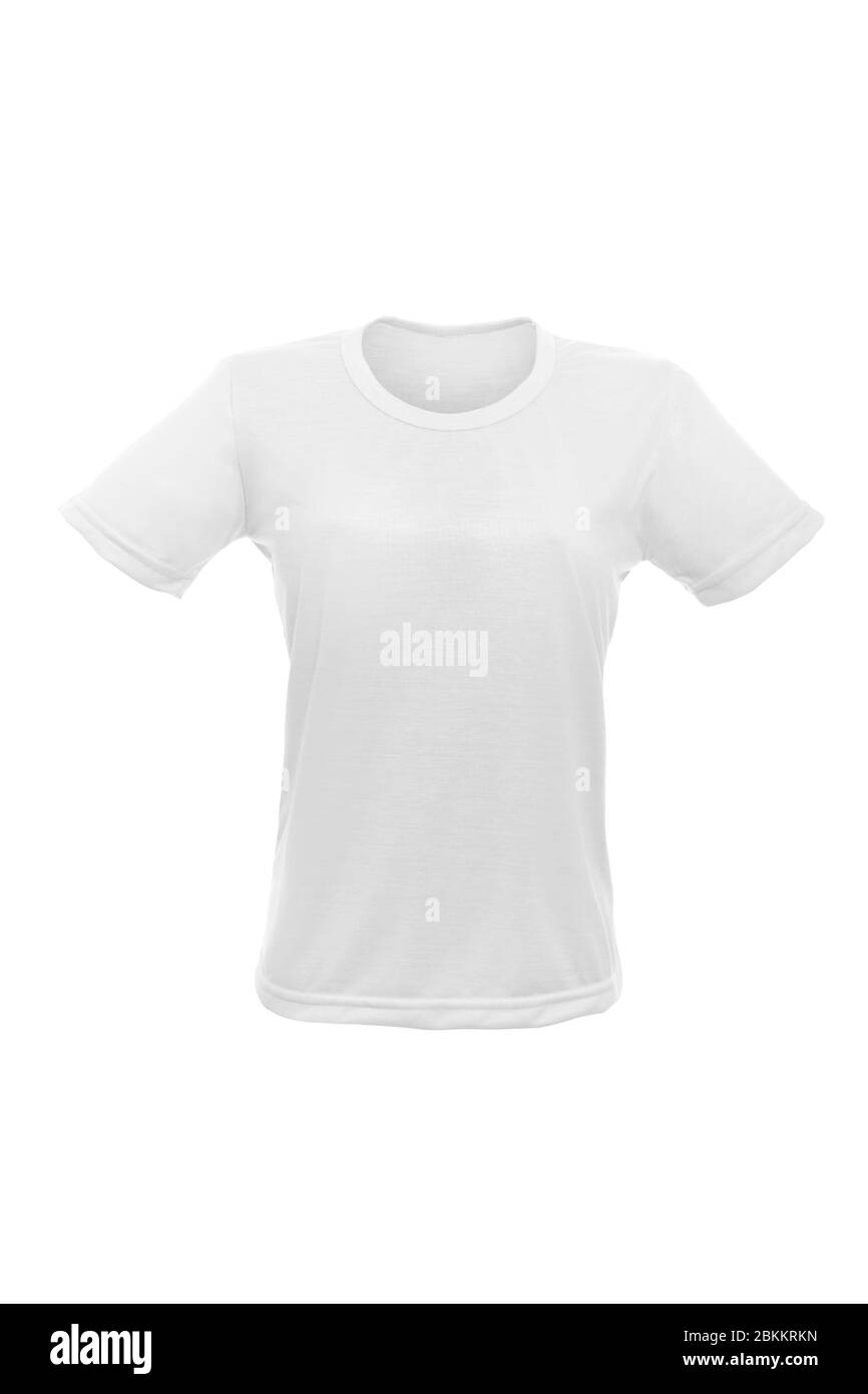 Mockup di un modello di una donna di t-shirt a colori su sfondo bianco Foto Stock
