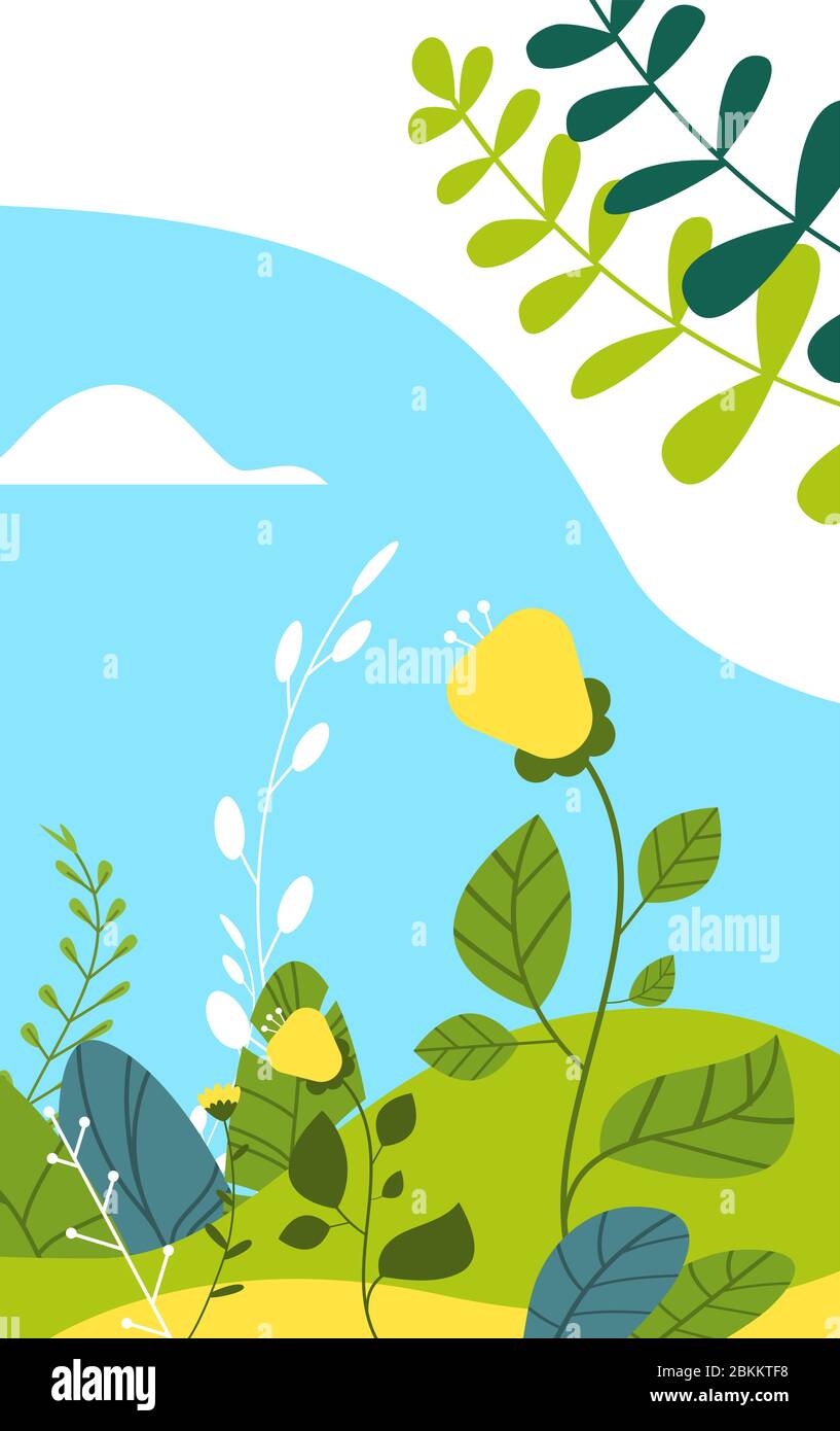 bel paesaggio con fiori e foglie floreale primavera poster verticale biglietto di auguri illustrazione vettoriale Illustrazione Vettoriale