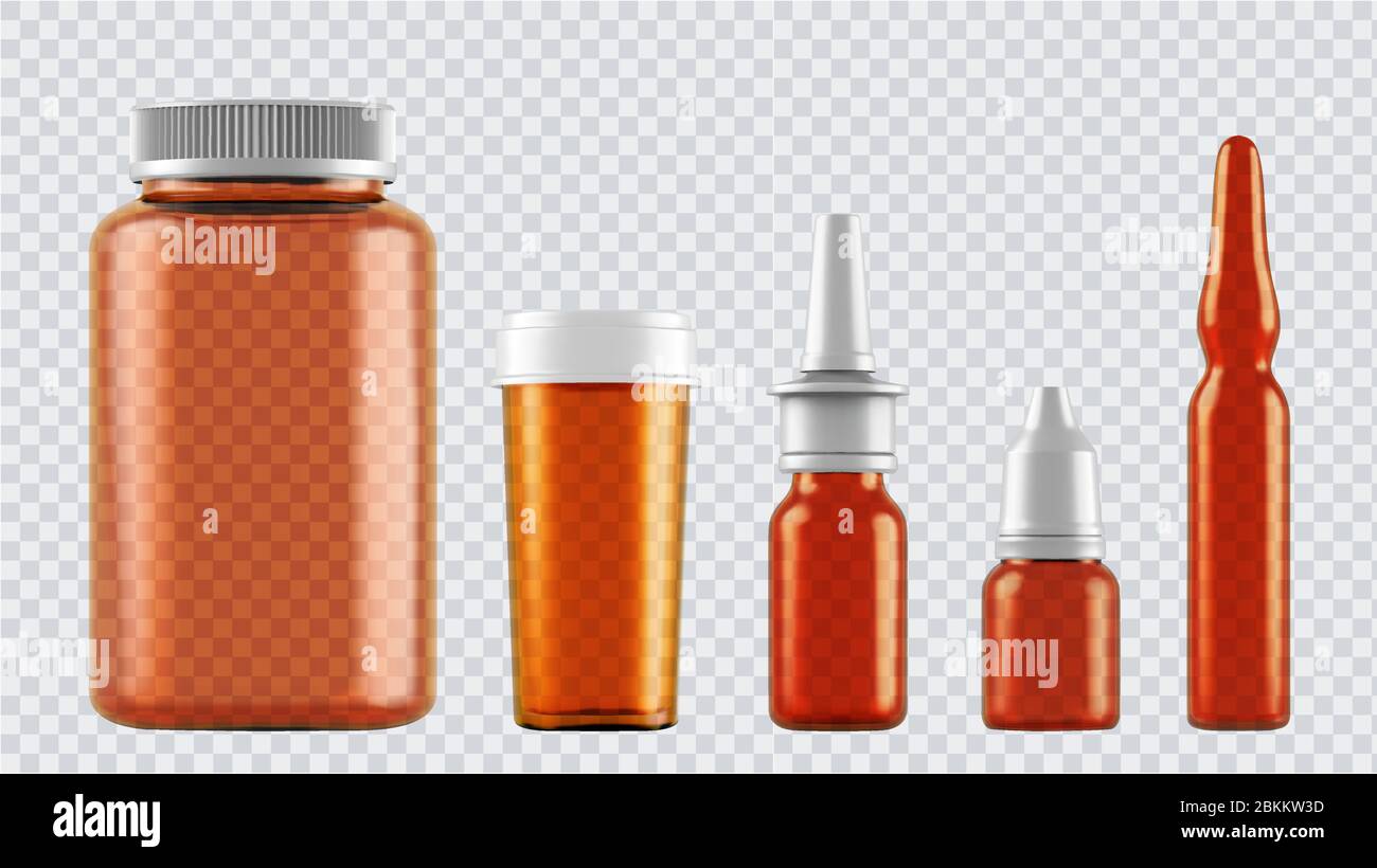 Flaconi di vetro realistici per farmaci, compresse, gocce e spray, ecc.  contenitori medicali in bianco di plastica 3d isolati su sfondo trasparente  Immagine e Vettoriale - Alamy