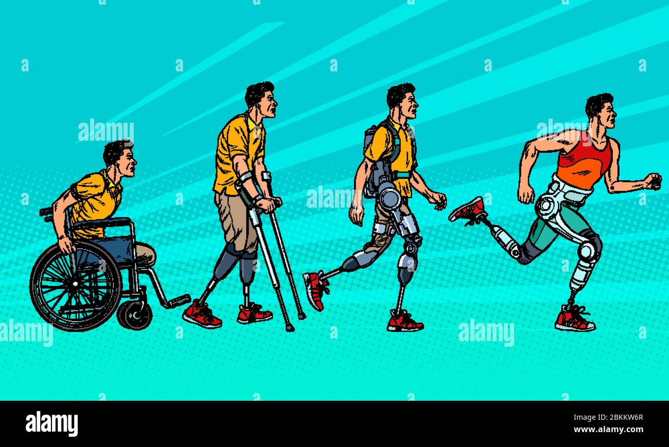 Evoluzione della riabilitazione protesi delle gambe dell'uomo Illustrazione Vettoriale