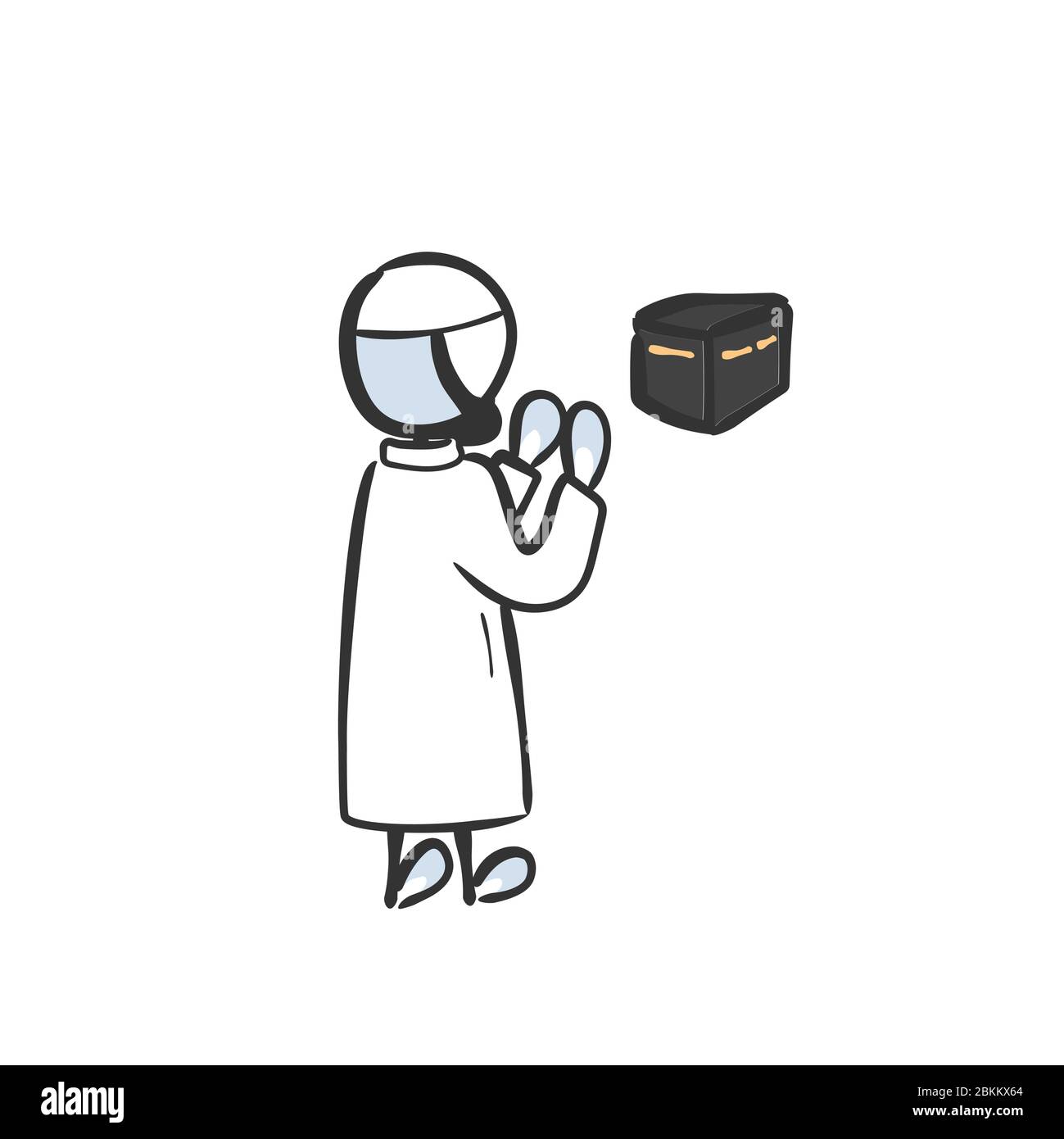 Musulmano su Hajj a Kaaba adorare Dio, facendo supplicazione. Disegnato a mano. Cartoon Stickman. Schizzo a forma di dodle, illustrazione grafica vettoriale Illustrazione Vettoriale