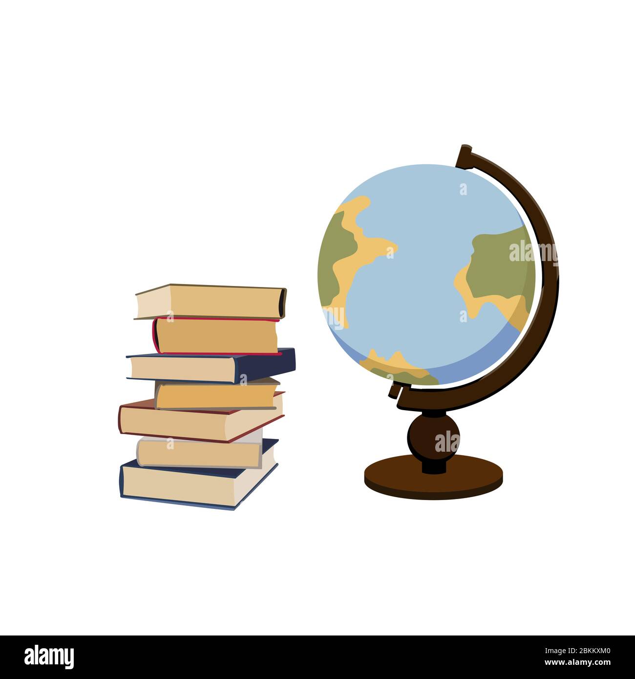 Mucchio di libri e globo vintage. Georafia scienza. Lezioni di apprendimento e di studio. Illustrazione grafica isolata dal vettore Illustrazione Vettoriale