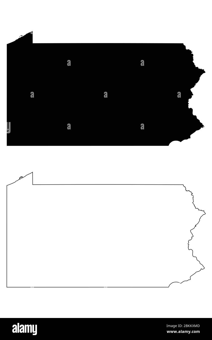 Mappe di stato Pennsylvania PA. Silhouette e profilo neri isolati su sfondo bianco. Vettore EPS Illustrazione Vettoriale