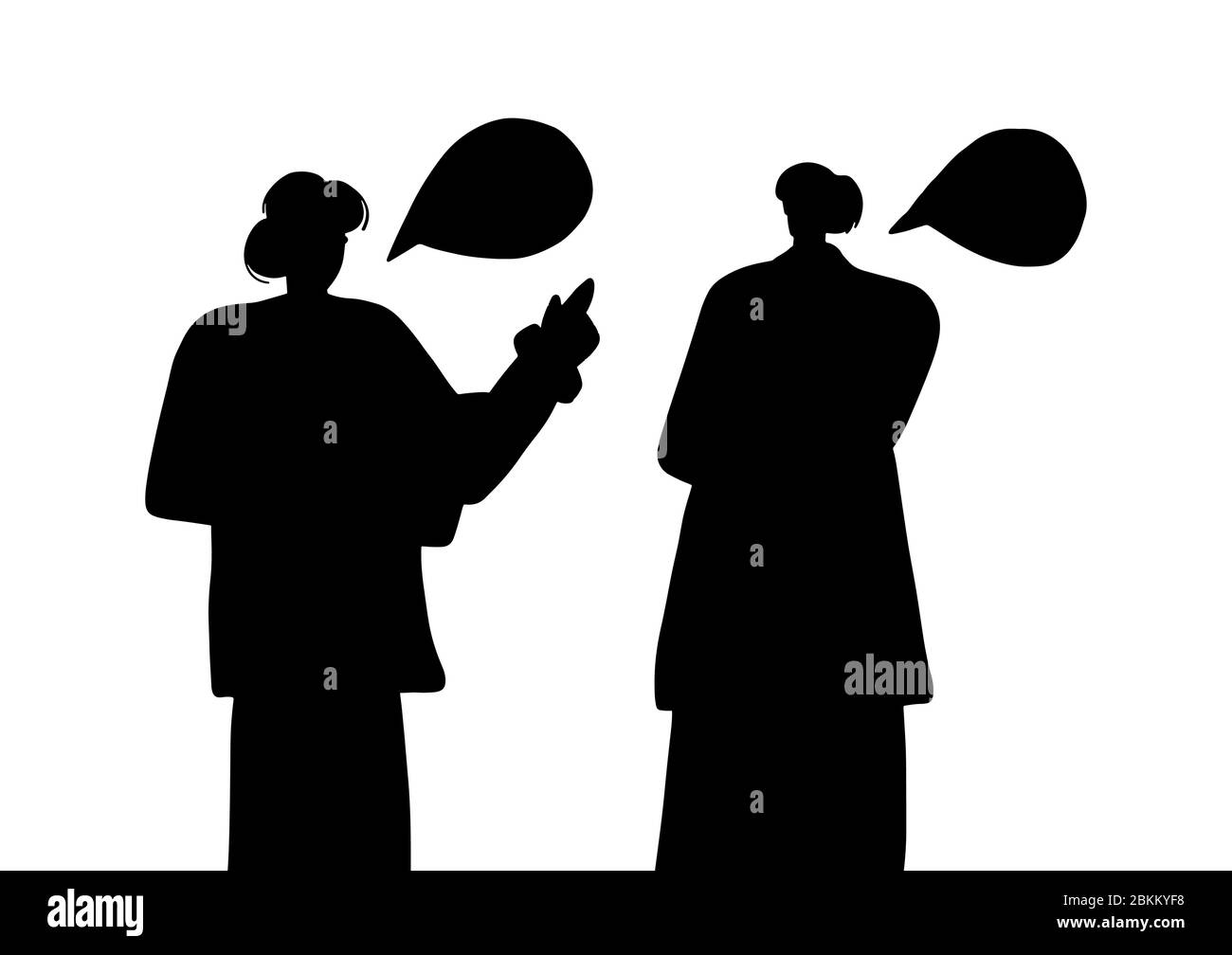 Silhouette di due persone che parlano isolate su sfondo bianco. Persone che comunicano con bolle di parlato. Semplice illustrazione vettoriale piatta. Illustrazione Vettoriale