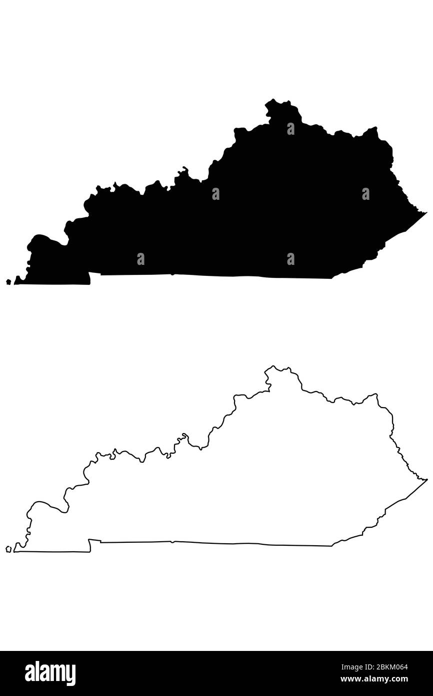 Kentucky KY Mappe di stato. Silhouette e profilo neri isolati su sfondo bianco. Vettore EPS Illustrazione Vettoriale