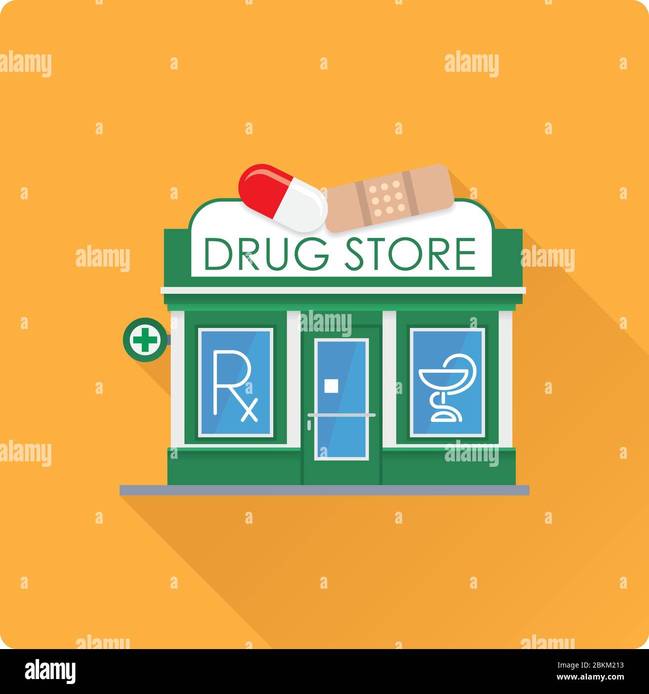 Disegno piatto lungo ombra farmacia negozio costruzione vettoriale illustrazione, farmacia facciata negozio con segni su parete, tetto e finestre. Illustrazione Vettoriale