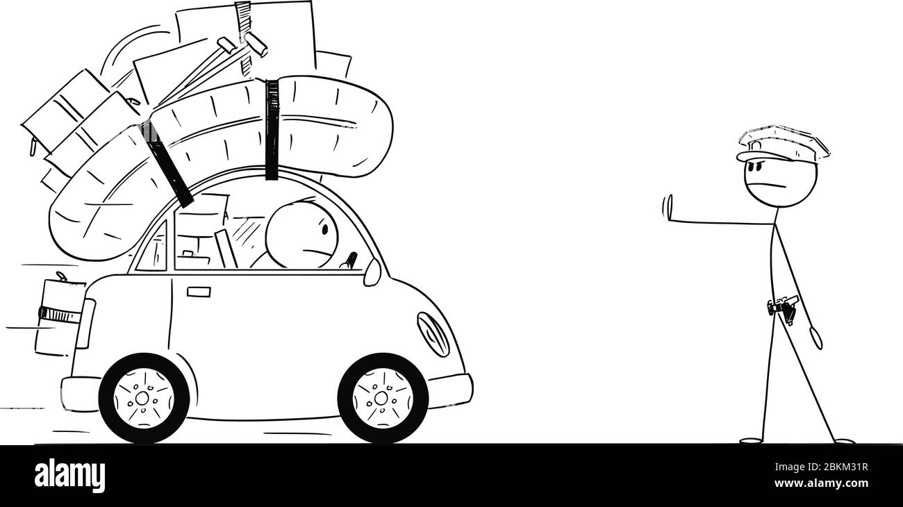 Vettore cartoon bastone figura disegno concettuale illustrazione di poliziotto o polizia stradale si ferma l'auto caricato da roba per le vacanze o le vacanze. Illustrazione Vettoriale