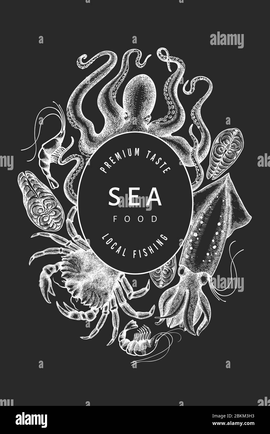 Modello di design per frutti di mare. Illustrazione di pesce vettoriale disegnata a mano su un gesso. Banner con incisioni su alimenti. Retrò animali di mare sfondo Illustrazione Vettoriale
