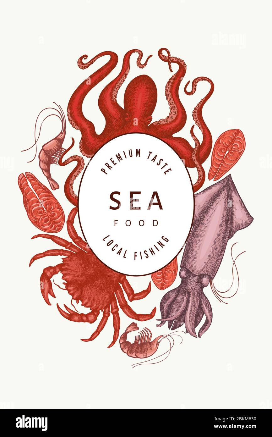 Modello di design per frutti di mare. Illustrazione di pesce vettoriale disegnata a mano. Banner con incisioni su alimenti. Retrò animali di mare sfondo Illustrazione Vettoriale