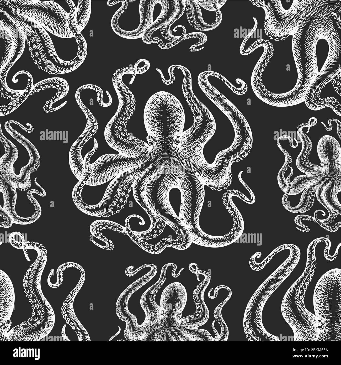 Motivo a polpo senza cuciture. Illustrazione di pesce vettoriale disegnata a mano su un gesso. Retrò animali di mare sfondo Illustrazione Vettoriale