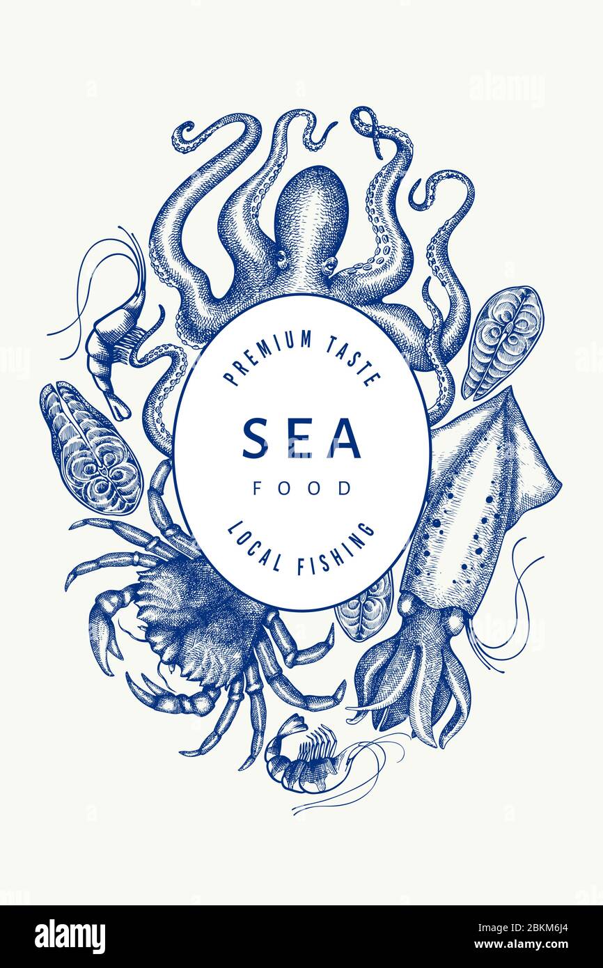 Modello di design per frutti di mare. Illustrazione di pesce vettoriale disegnata a mano. Banner con incisioni su alimenti. Retrò animali di mare sfondo Illustrazione Vettoriale
