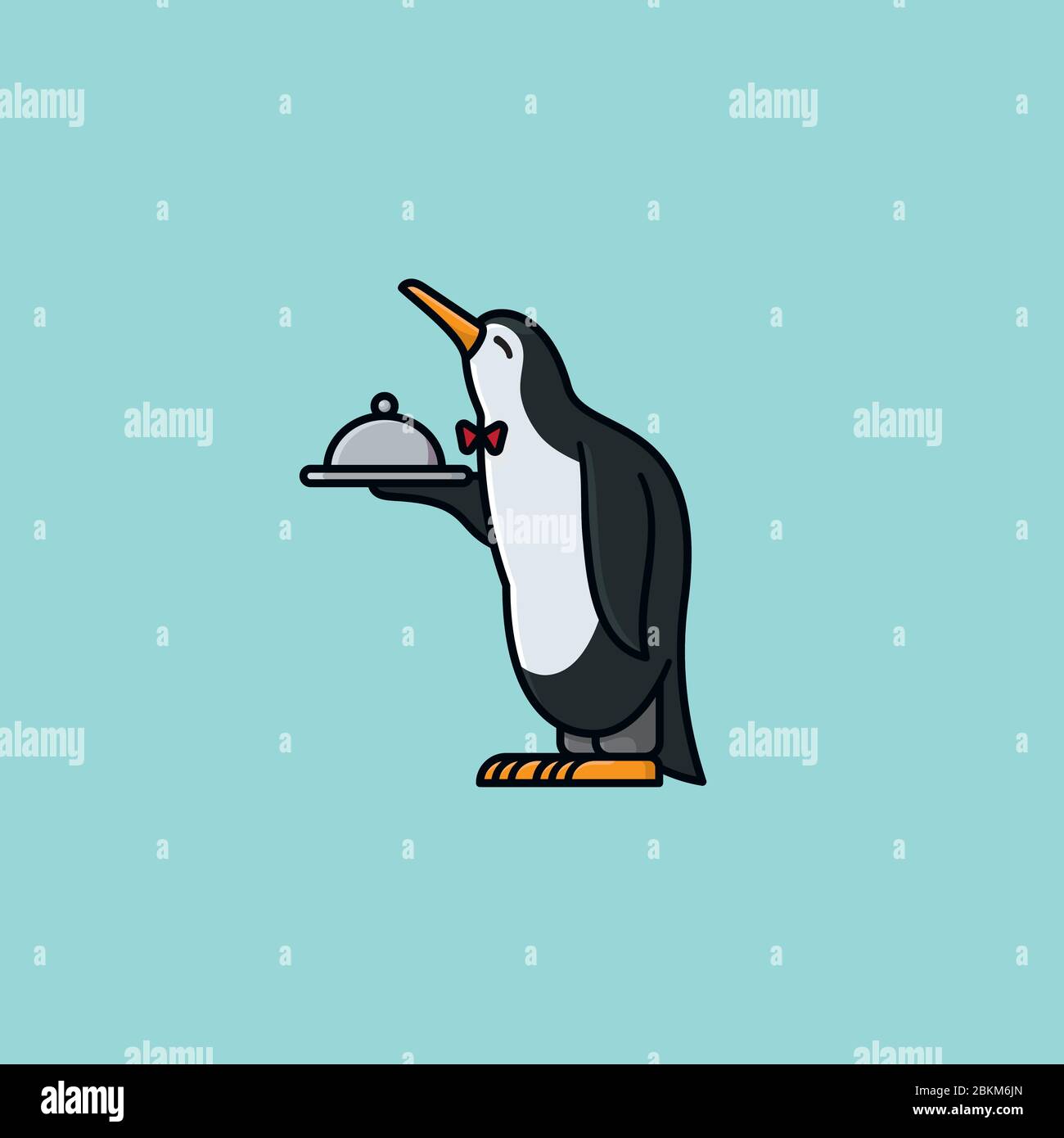 Servile cameriere pinguino cartoon personaggio vettore illustrazione per il giorno camerieri il 16 maggio. Simbolo di servizio e di oscequiosità. Illustrazione Vettoriale