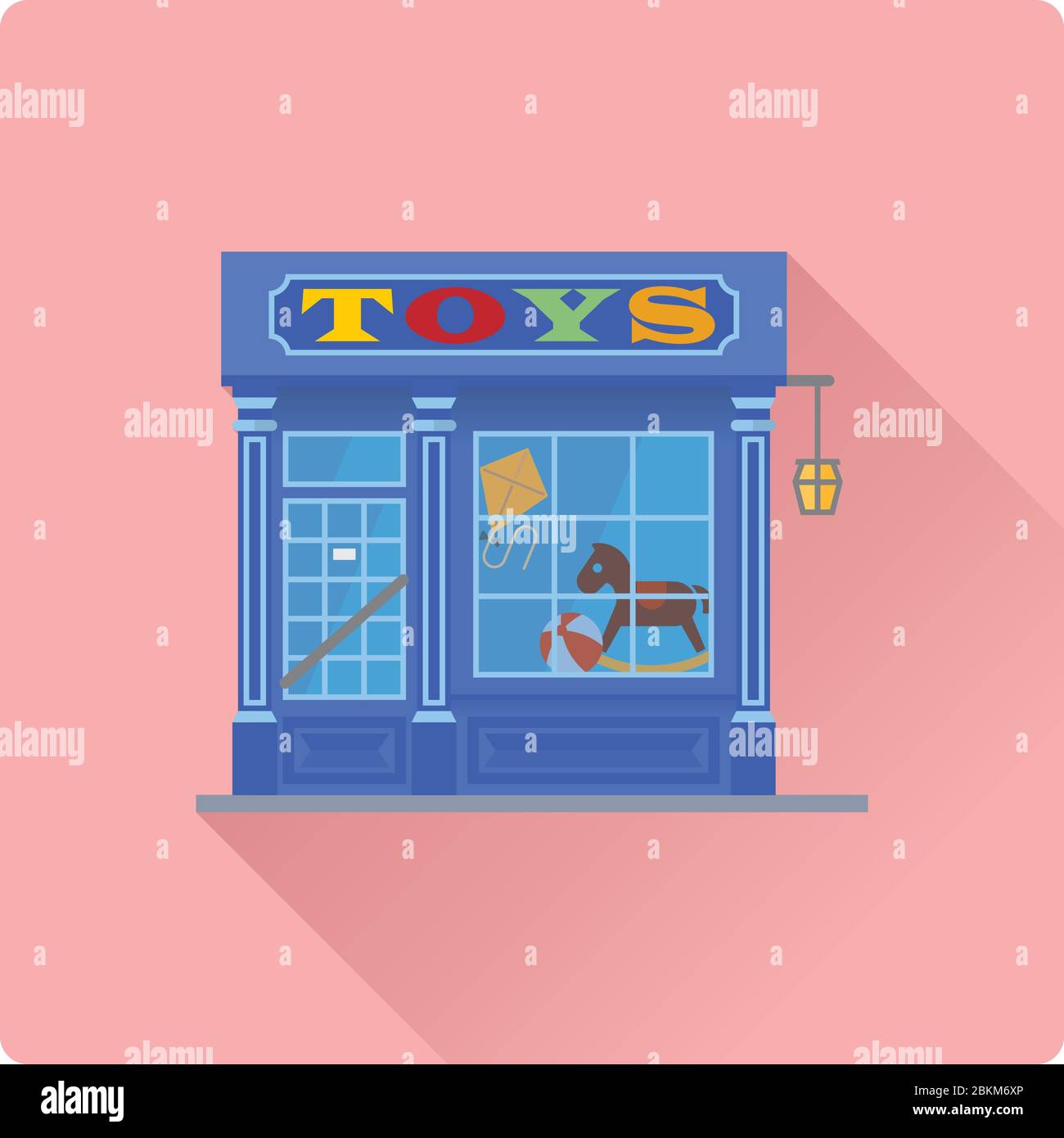 Disegno piatto a lunga ombra vintage giocattolo edificio illustrazione vettoriale, Shop facciata con segno colorato e giocattoli in finestra Illustrazione Vettoriale