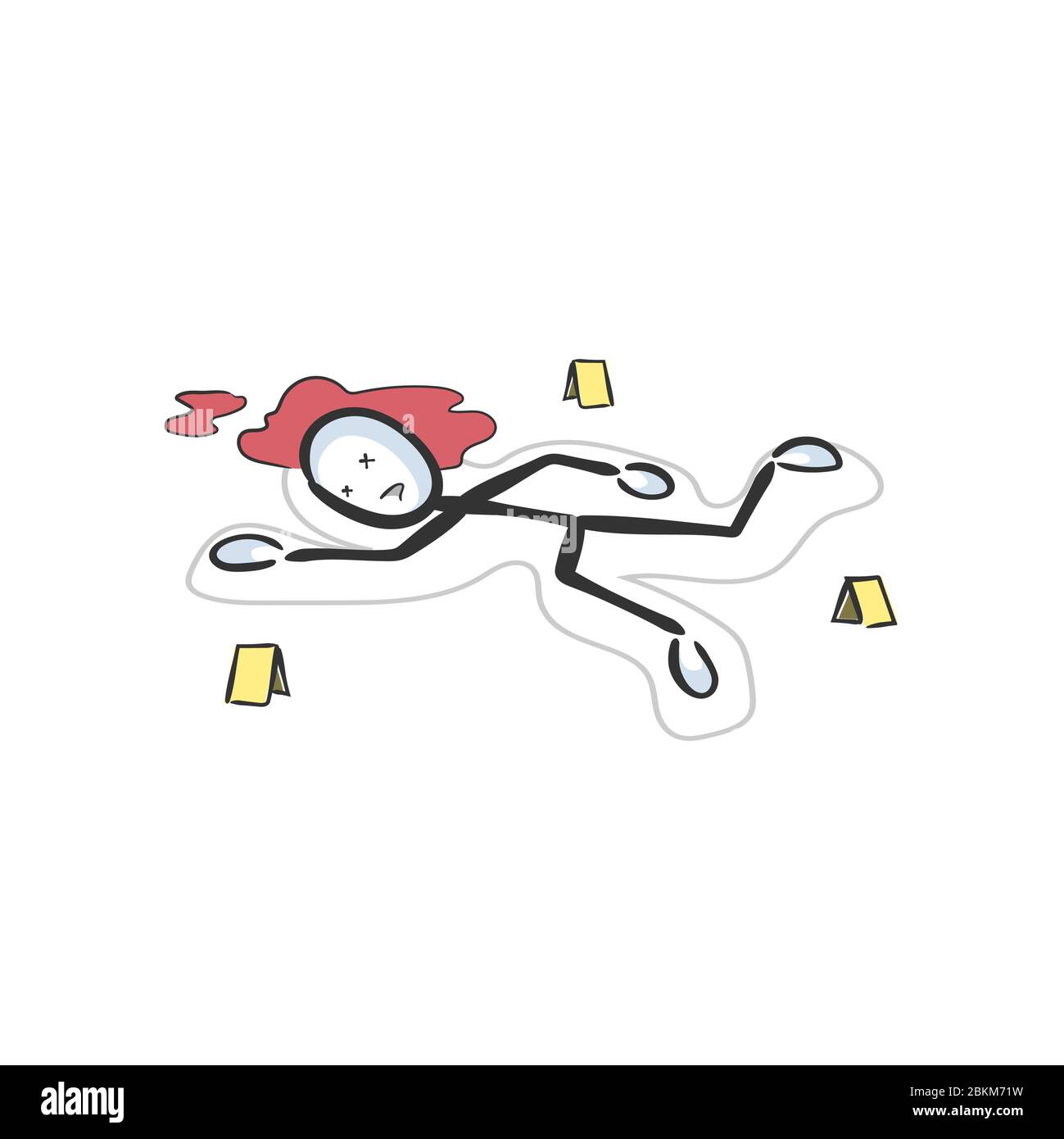 Scena del crimine, corpo morto delineato. Disegnato a mano. Cartoon Stickman. Schizzo a forma di dodle, illustrazione grafica vettoriale Illustrazione Vettoriale