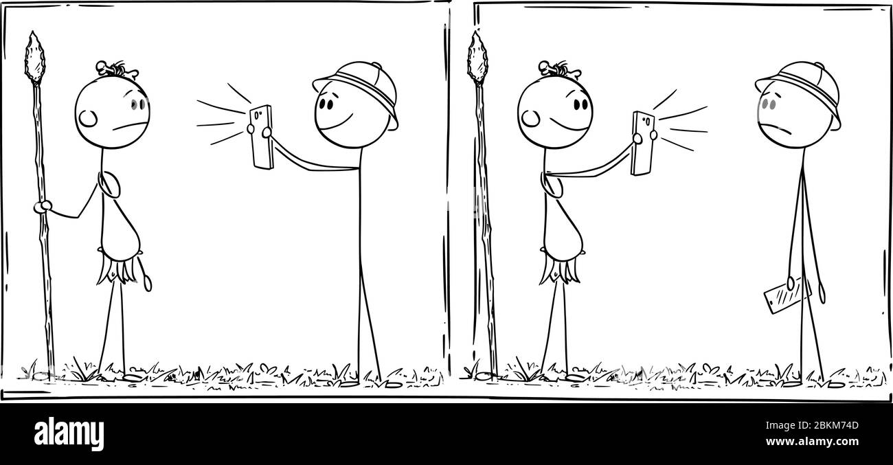 Vettore divertente fumetto figura bastone striscia comica o disegno di turista occidentale prendendo la fotografia del telefono cellulare di indigeno nativo uomo, sorpreso che lui prende la foto di lui. Illustrazione Vettoriale