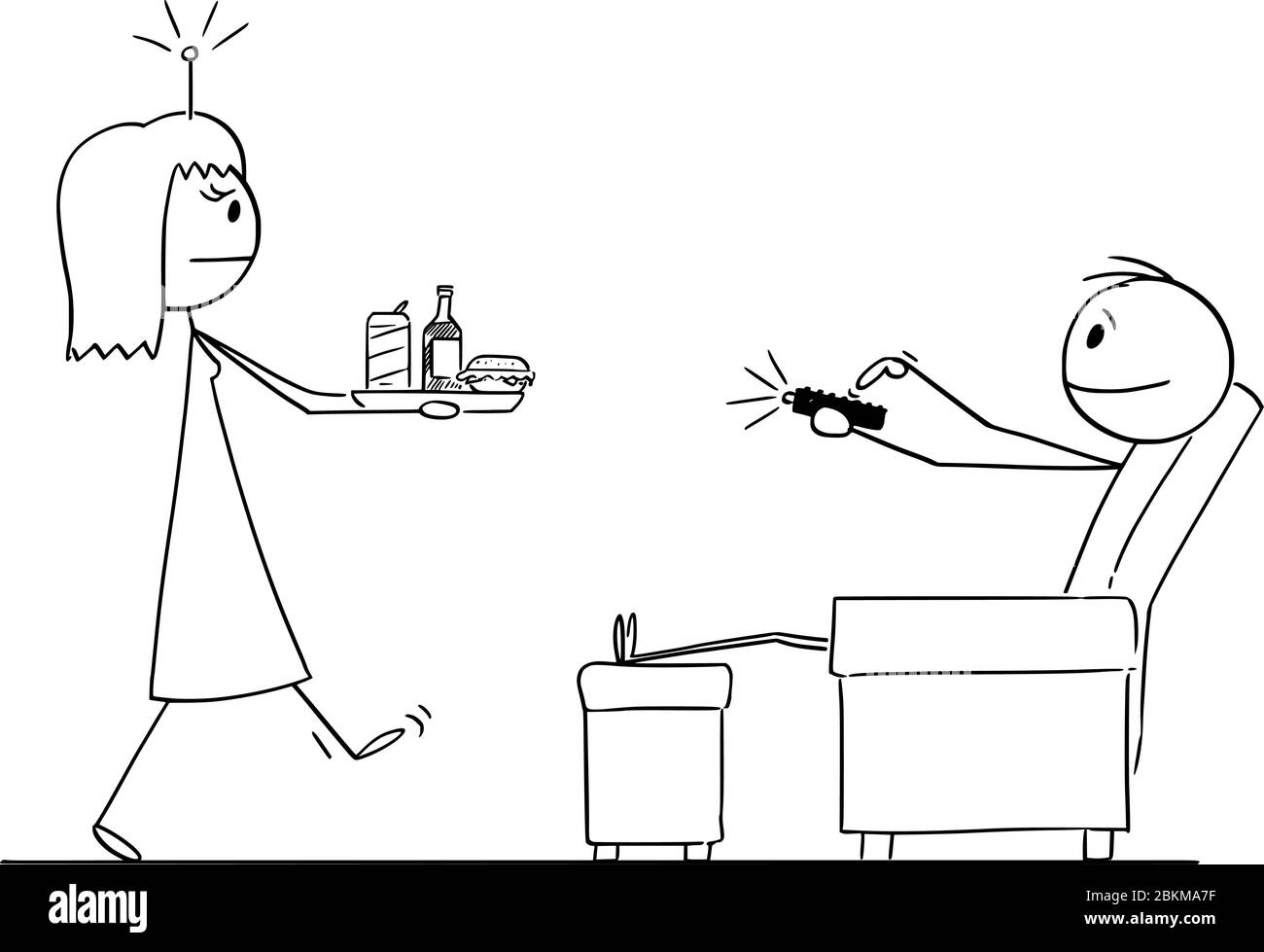 Figura di bastone cartoon vettoriale disegno concettuale di uomo o marito seduto in sedia di controllo della sua donna o moglie da dispositivo di controllo remoto. Illustrazione Vettoriale