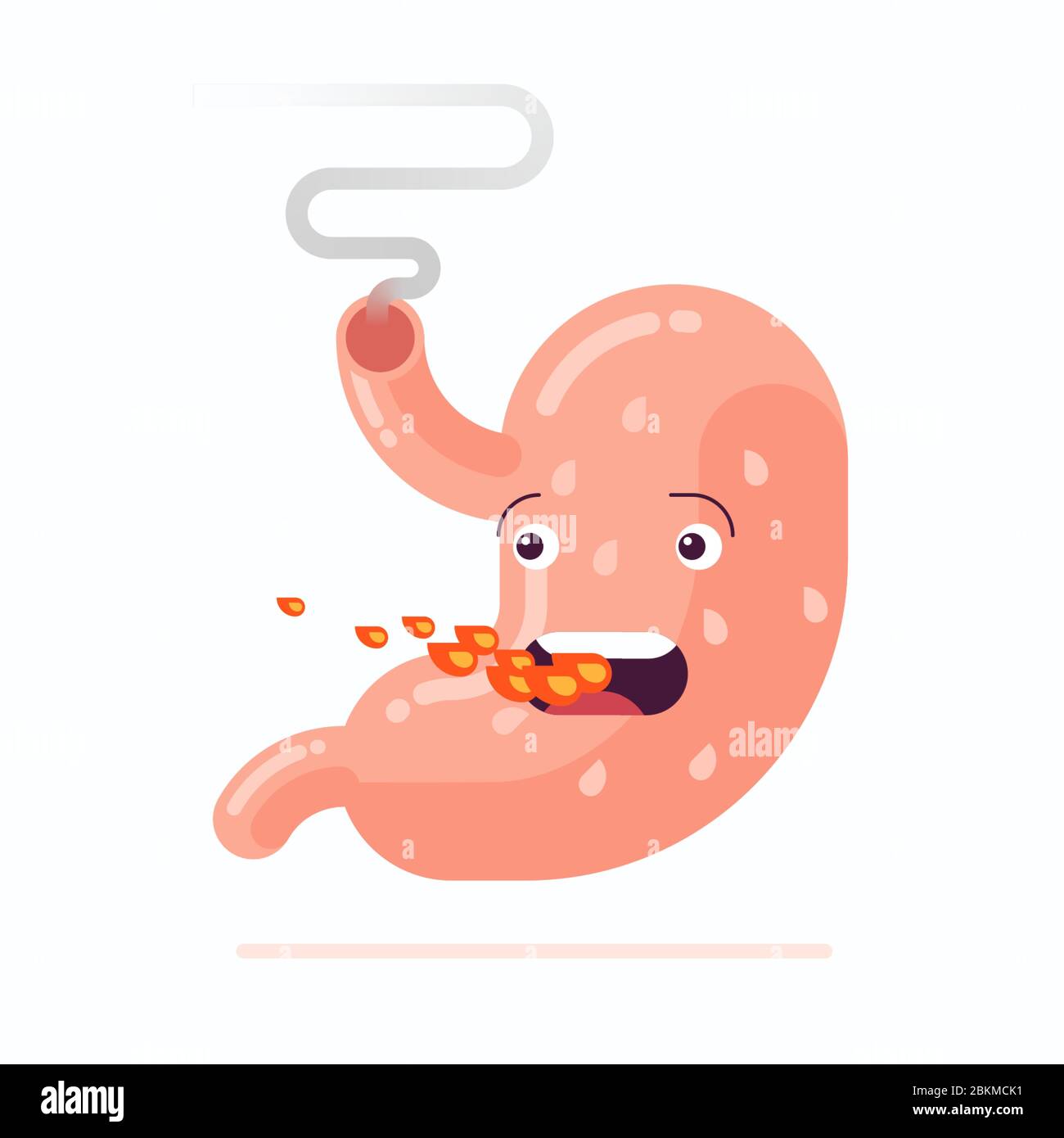 Vettore piatto illustrazione di fuoco di stomaco umano sputing personaggio cartone animato a causa della malattia di bruciore di stomaco Illustrazione Vettoriale