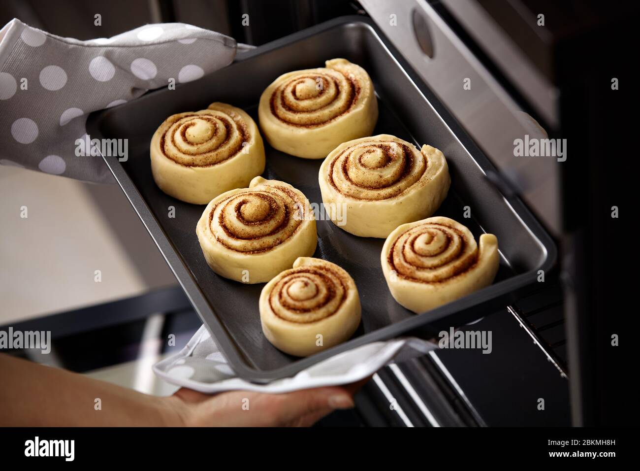Una donna sta mettendo i panini nel forno. I rotoli di cannella vengono cotti nel forno. Cottura fatta in casa. Foto Stock
