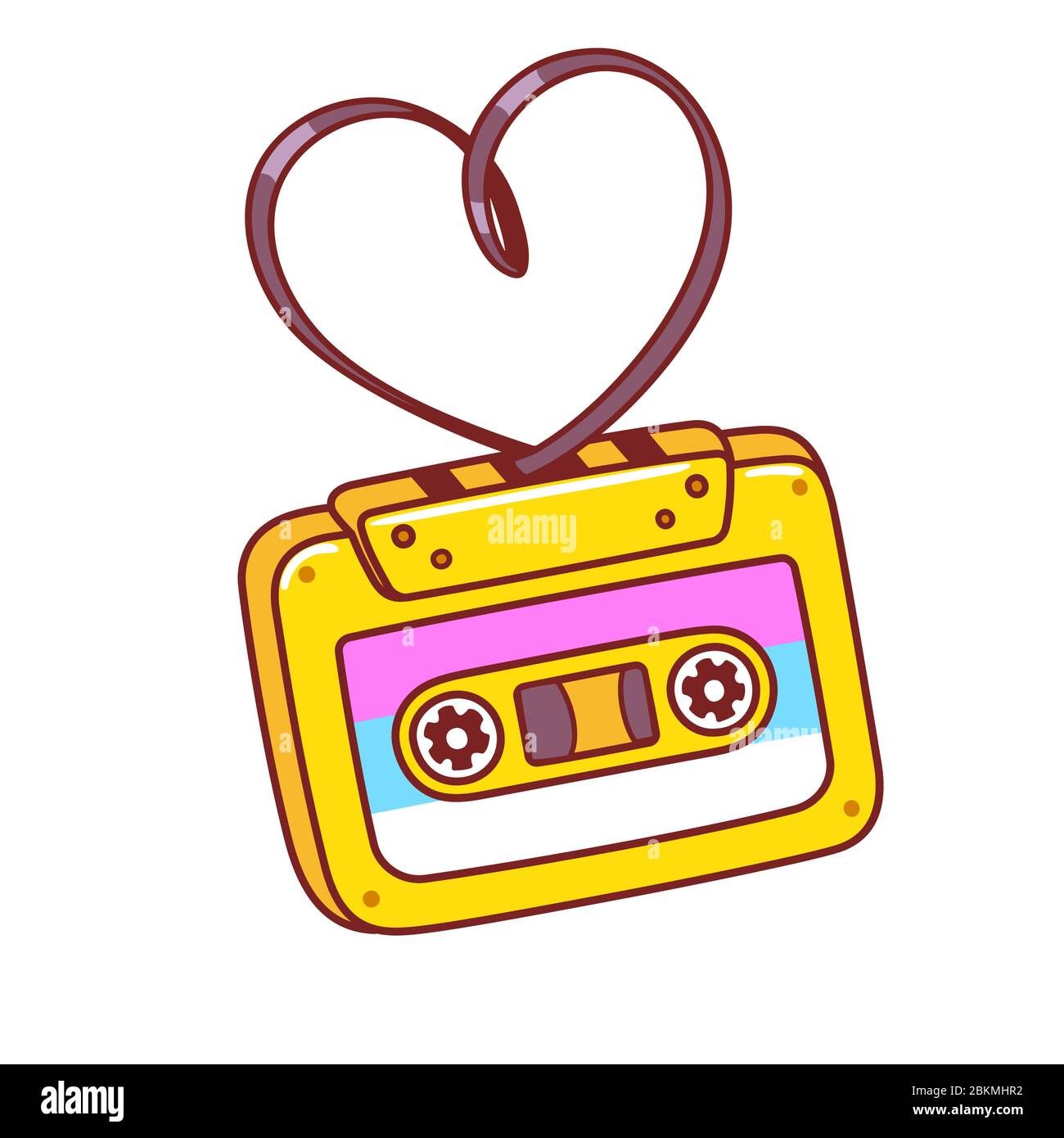 Cassetta audio retro con nastro a forma di cuore. mixtape di canzoni d'amore degli anni '80. Illustrazione di clip art in stile fumetto. Illustrazione Vettoriale